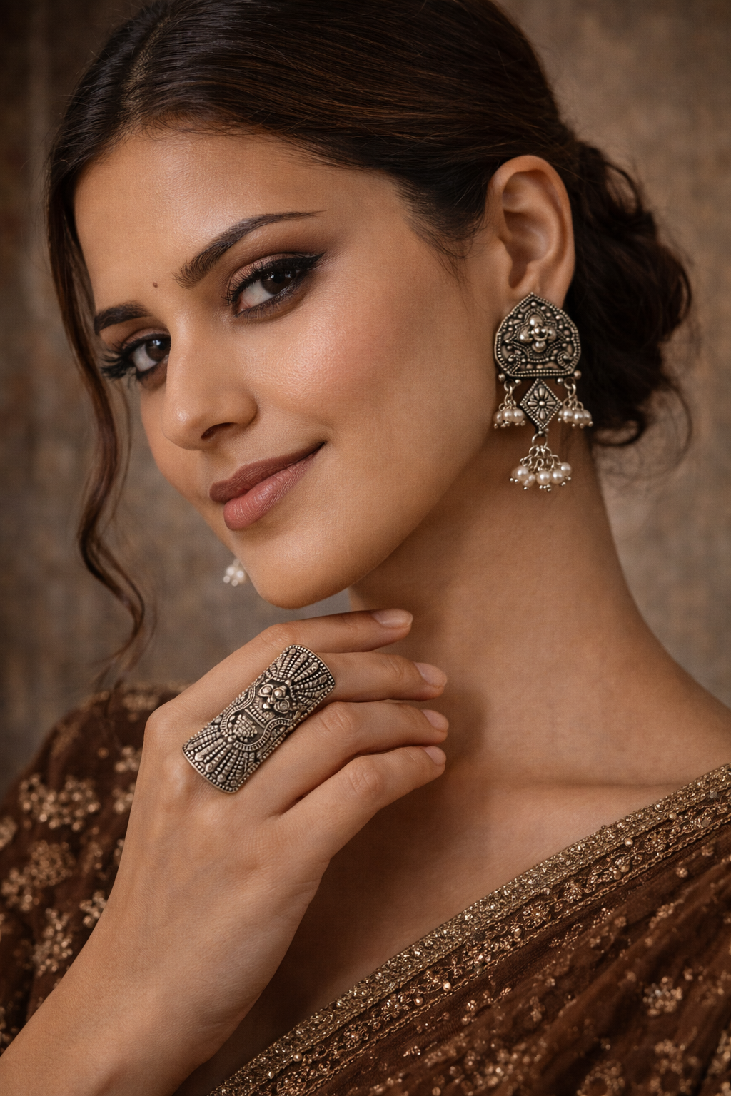 Artisan Hand-Etched Silver Shield Earrings with Pearl Bunches