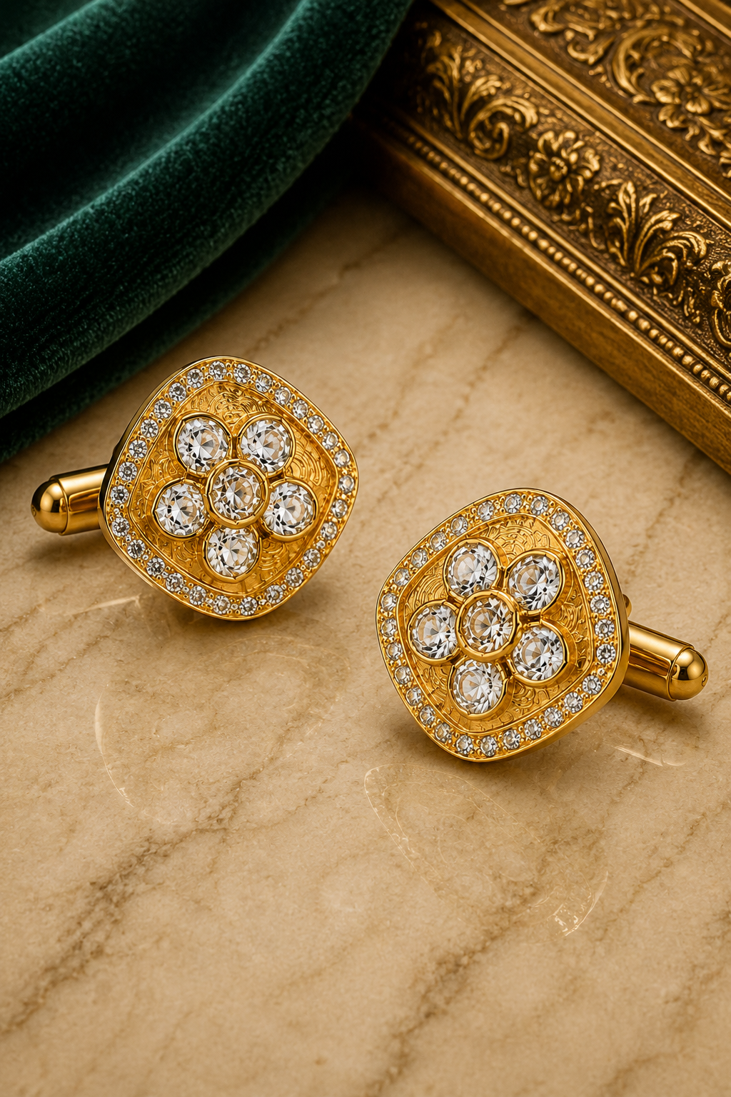 Square Gold Floral Cufflinks – Luxury Jewelry for Sherwanis, Blazers, and Suits