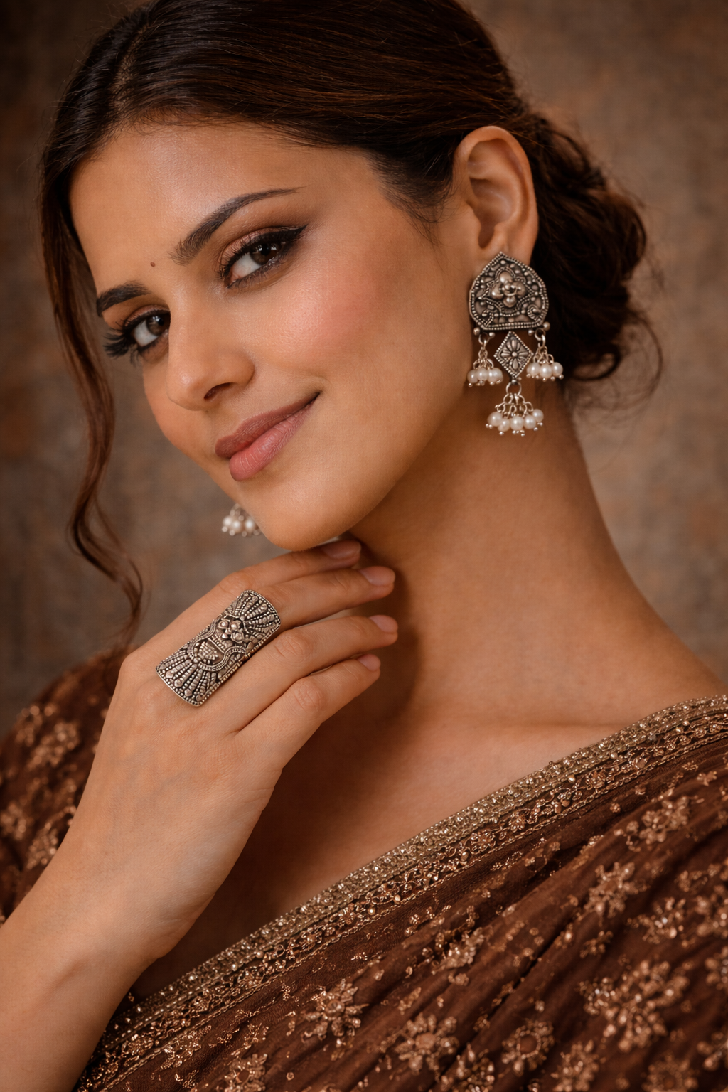 Artisan Hand-Etched Silver Shield Earrings with Pearl Bunches