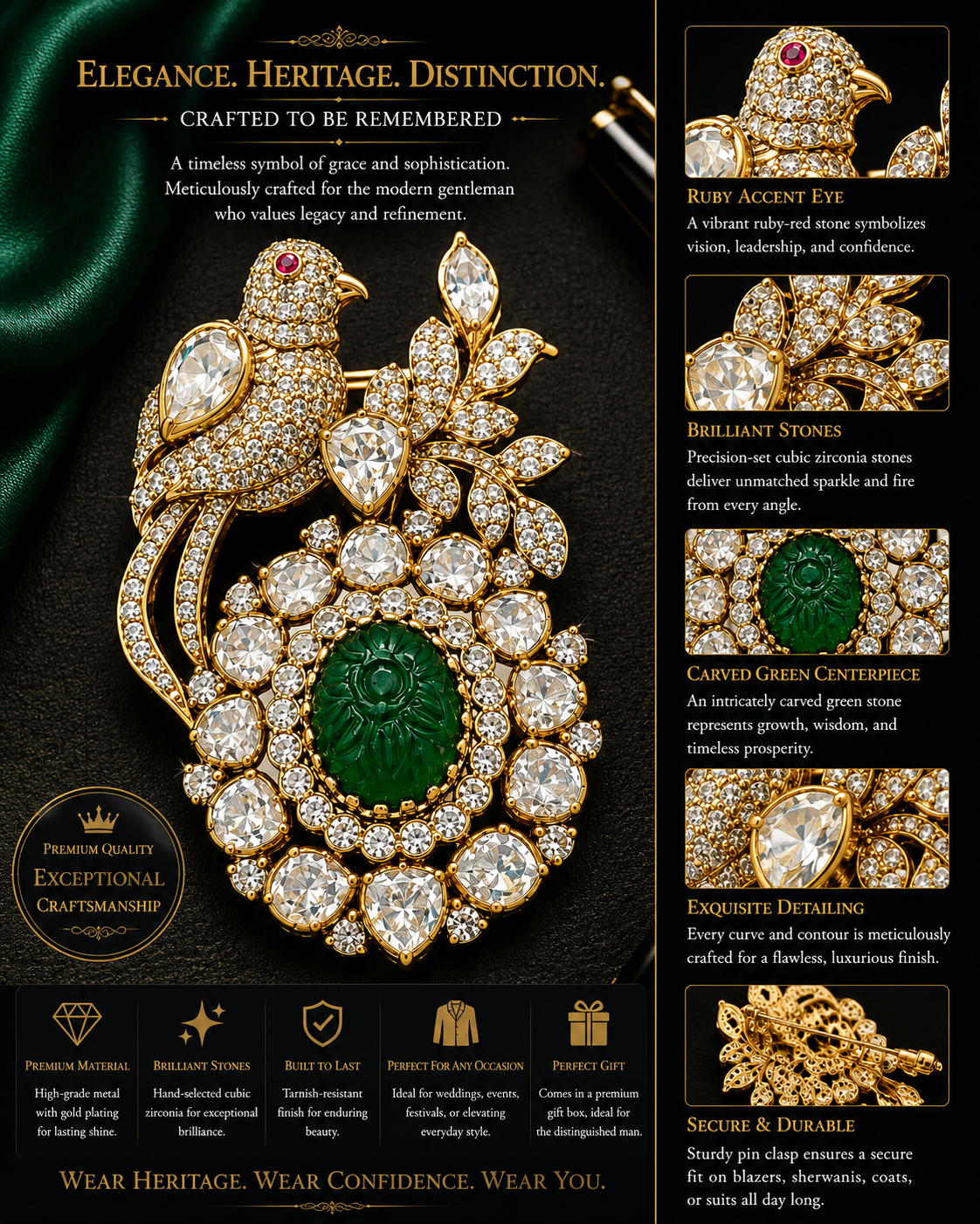Carved Emerald & Polki Crystal Bird Brooch — Mughal Inspired Statement Pin in Gold