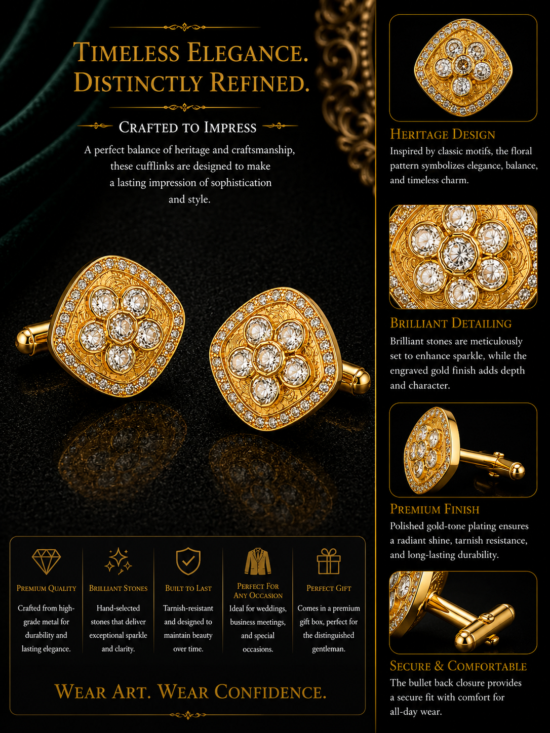 Square Gold Floral Cufflinks – Luxury Jewelry for Sherwanis, Blazers, and Suits