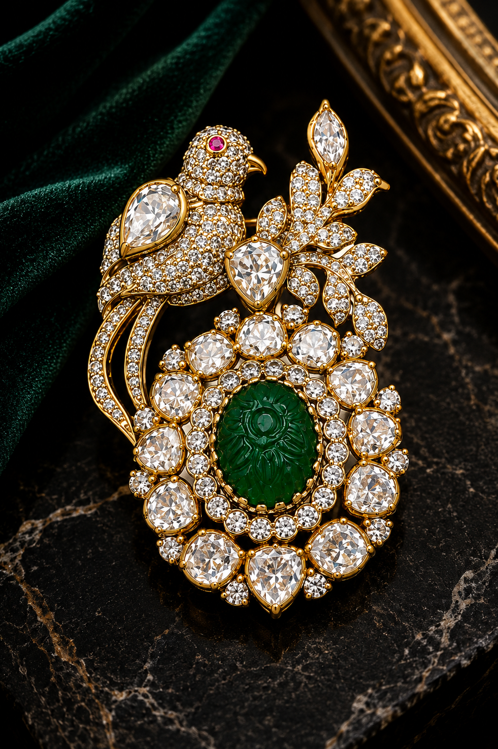Carved Emerald & Polki Crystal Bird Brooch — Mughal Inspired Statement Pin in Gold