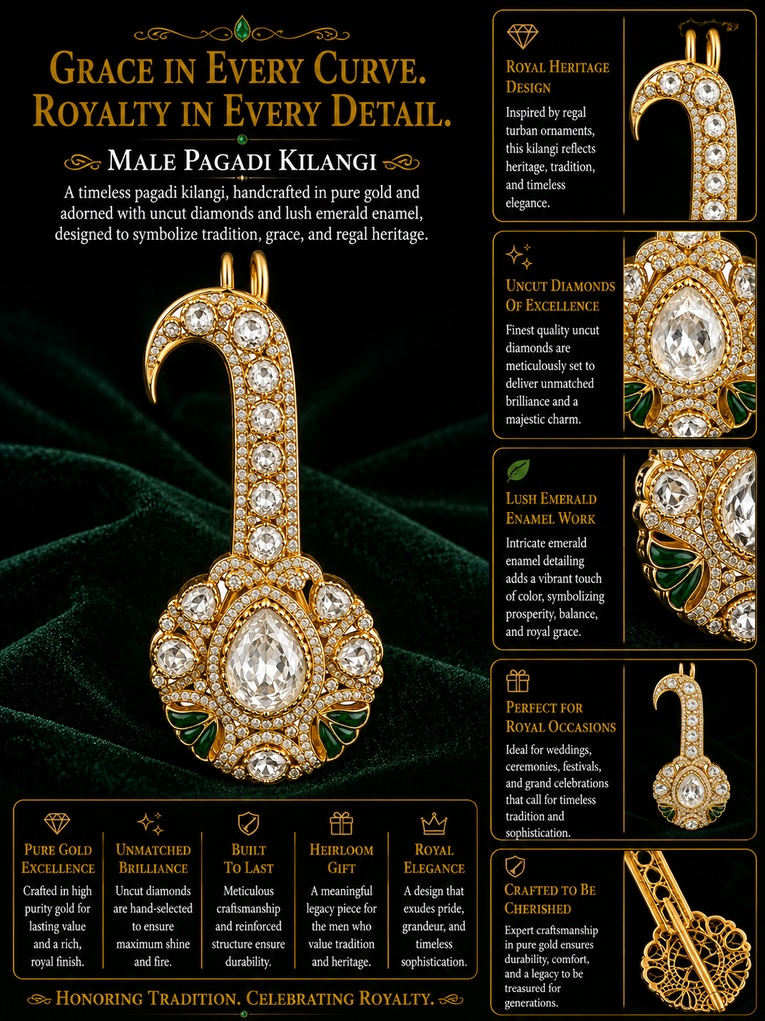 Royal Pear Cut Kundan Kalgi Brooch