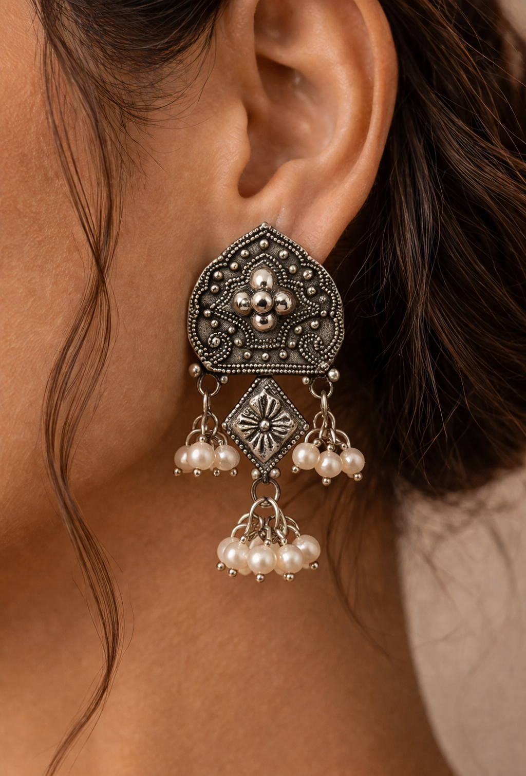 Artisan Hand-Etched Silver Shield Earrings with Pearl Bunches