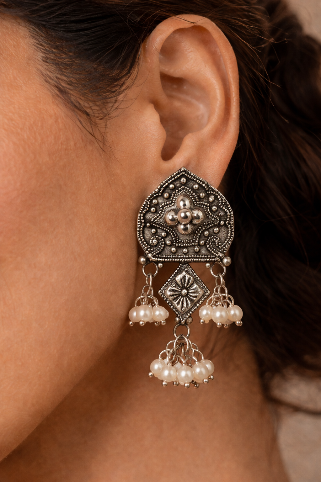 Artisan Hand-Etched Silver Shield Earrings with Pearl Bunches