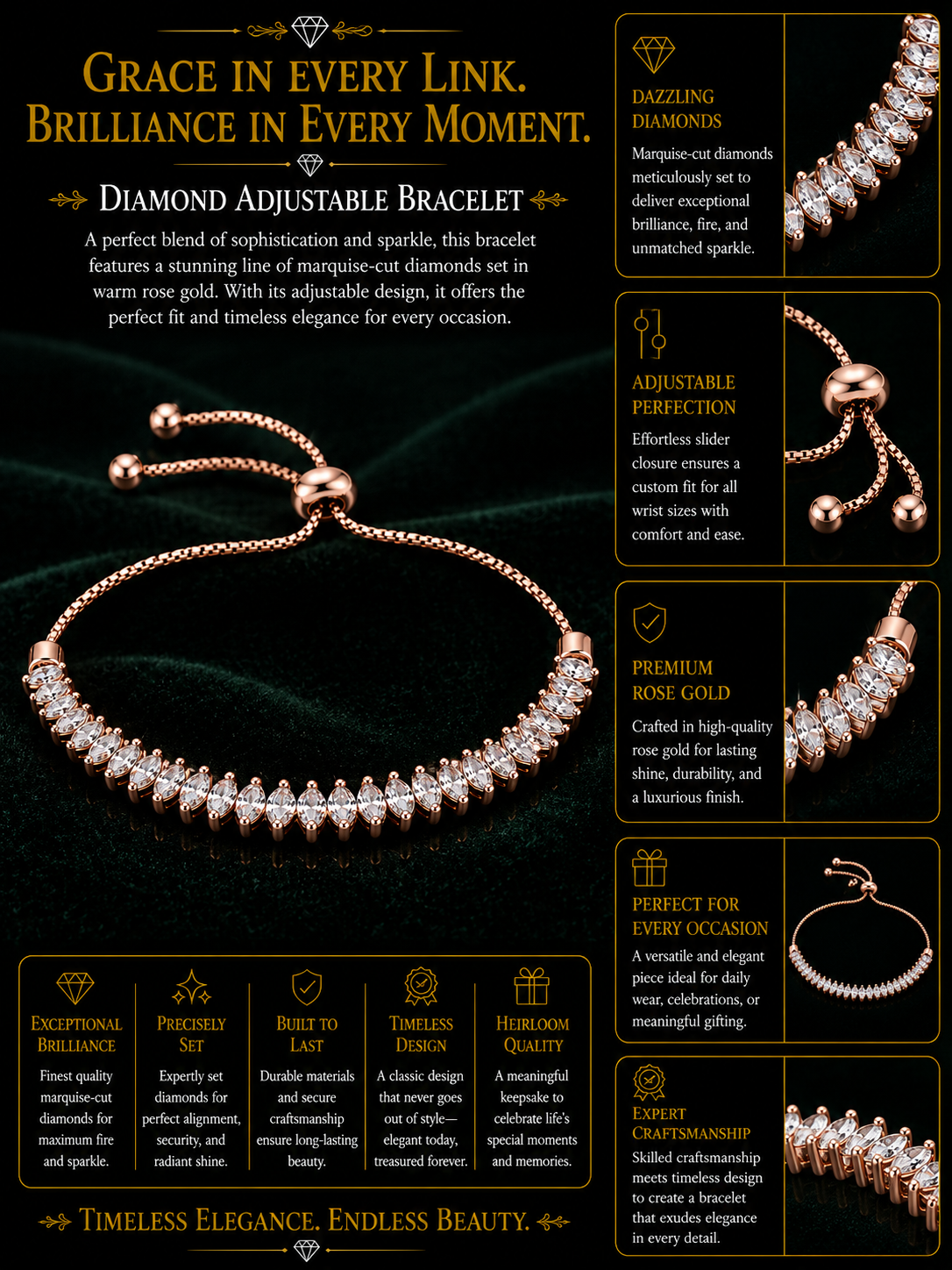 Rose Gold Adjustable CZ Tennis Bracelet for Women