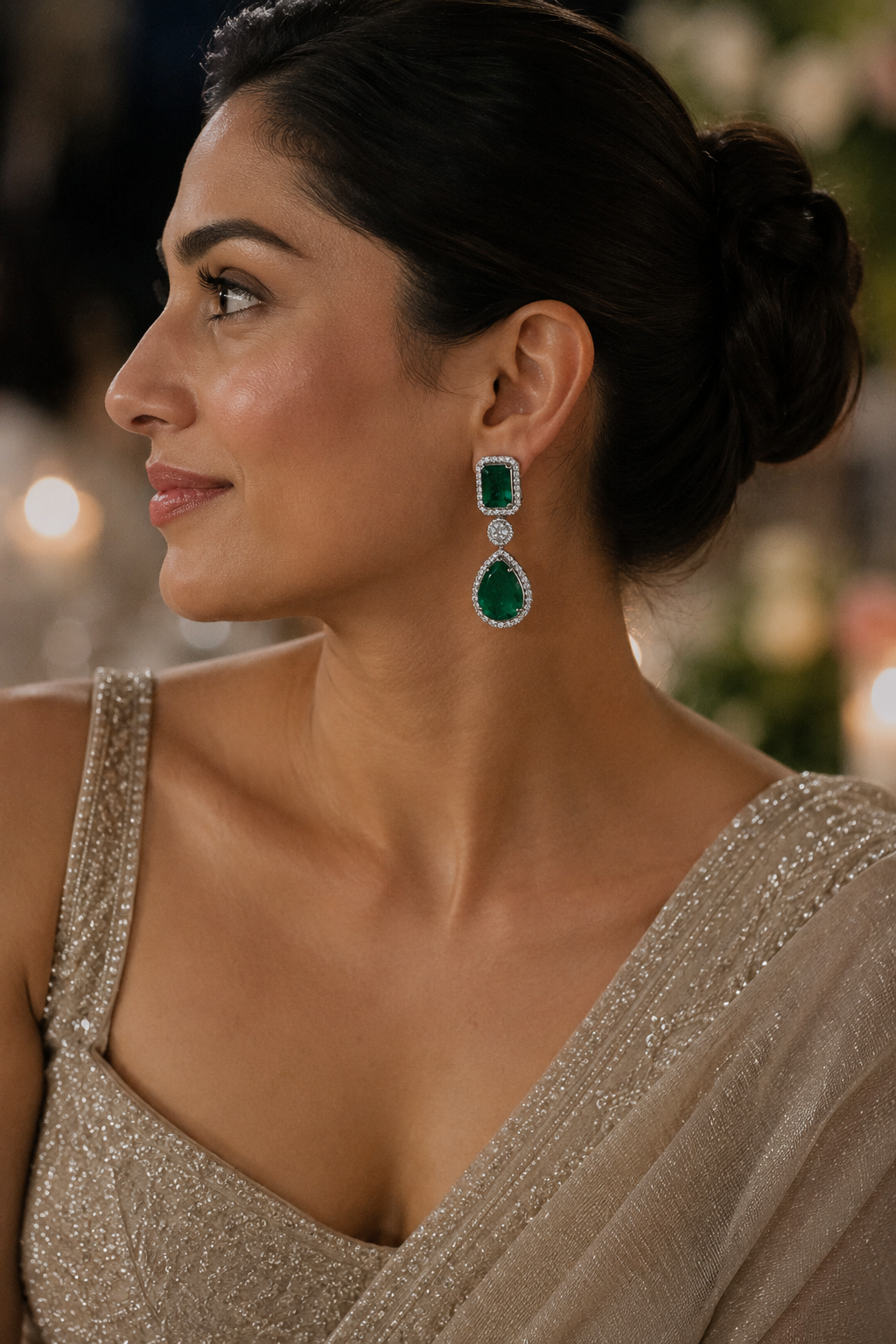 Emerald Teardrop Diamond Halo Earrings