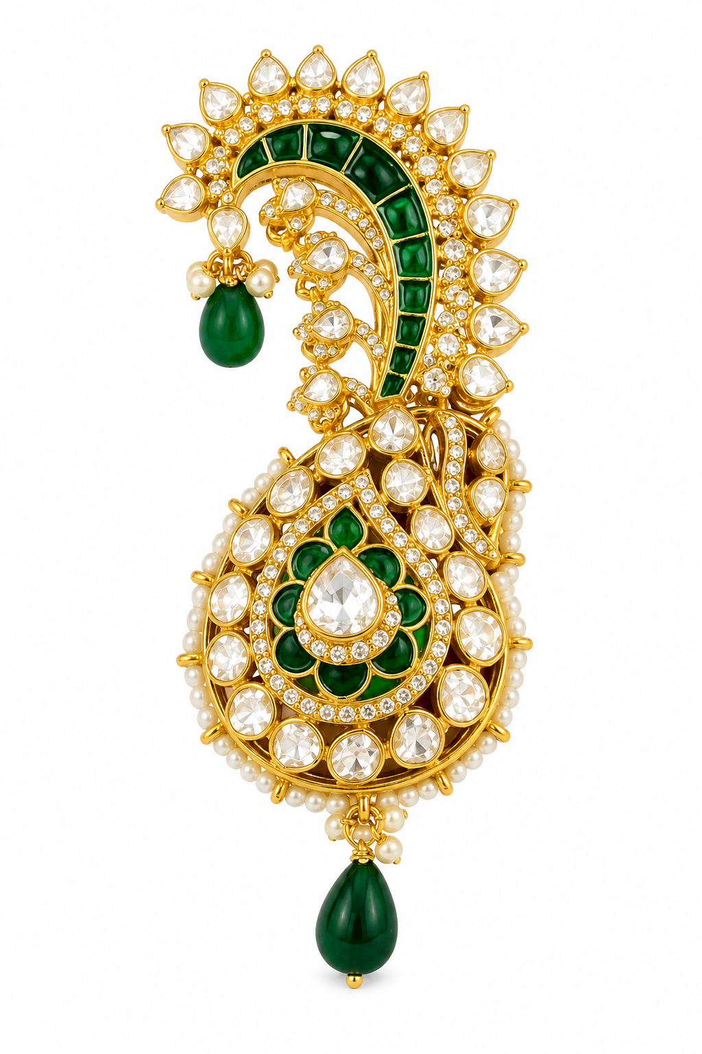 Emerald Pearl Paisley Kundan Kalgi Brooch