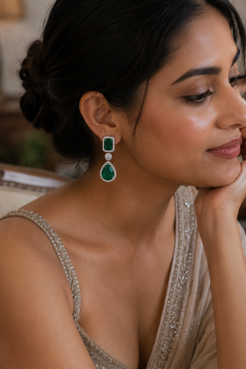 Emerald Teardrop Diamond Halo Earrings