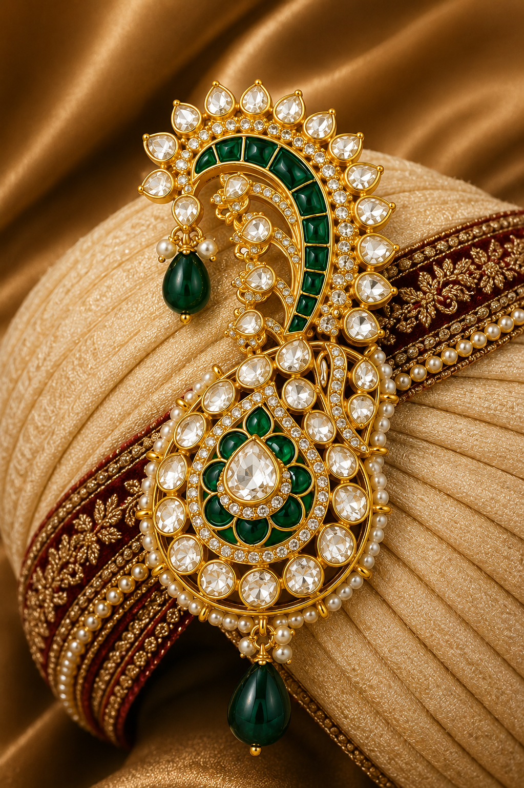 Emerald Pearl Paisley Kundan Kalgi Brooch