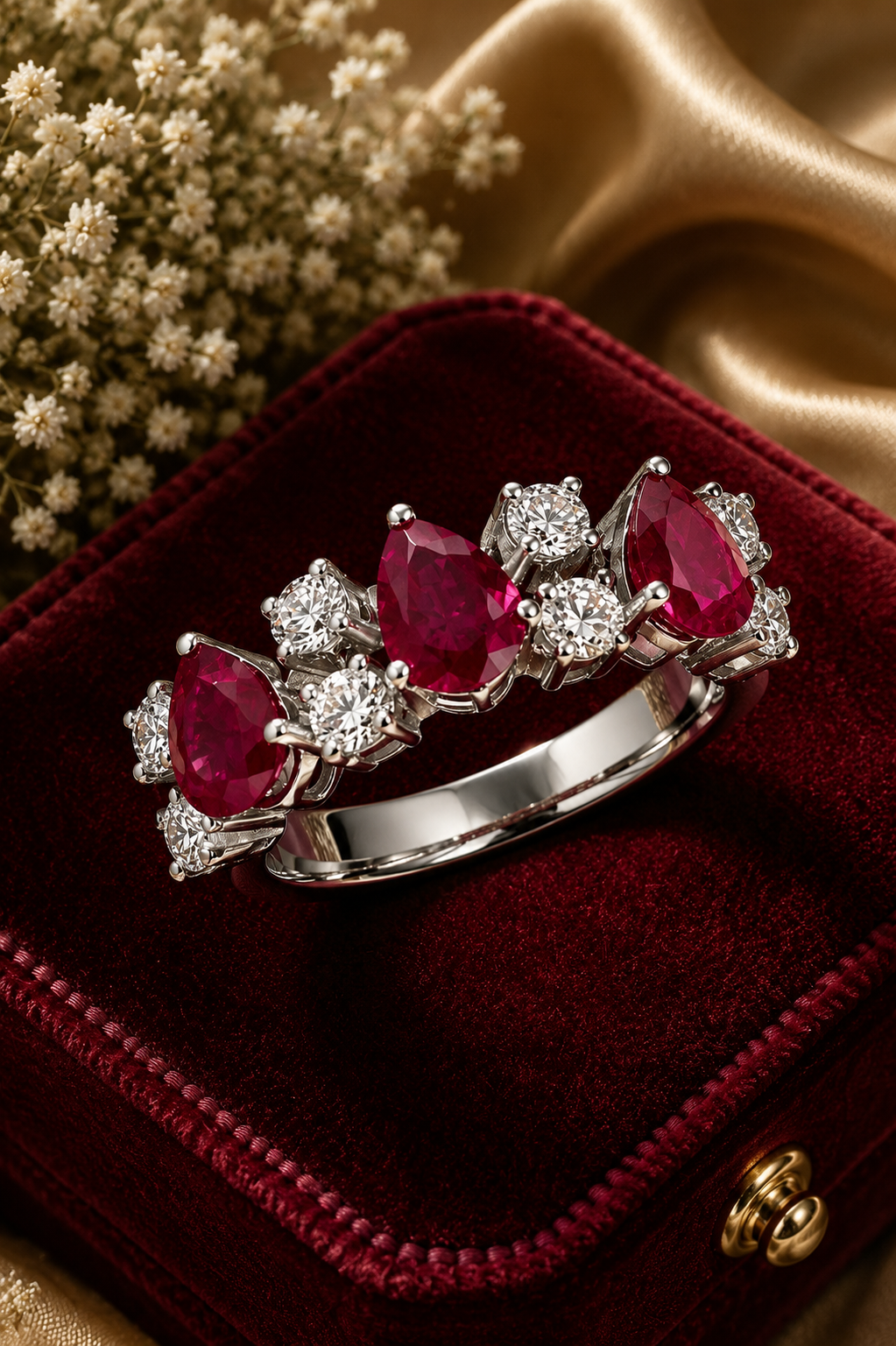 Triple Pear Ruby Diamond Band Ring