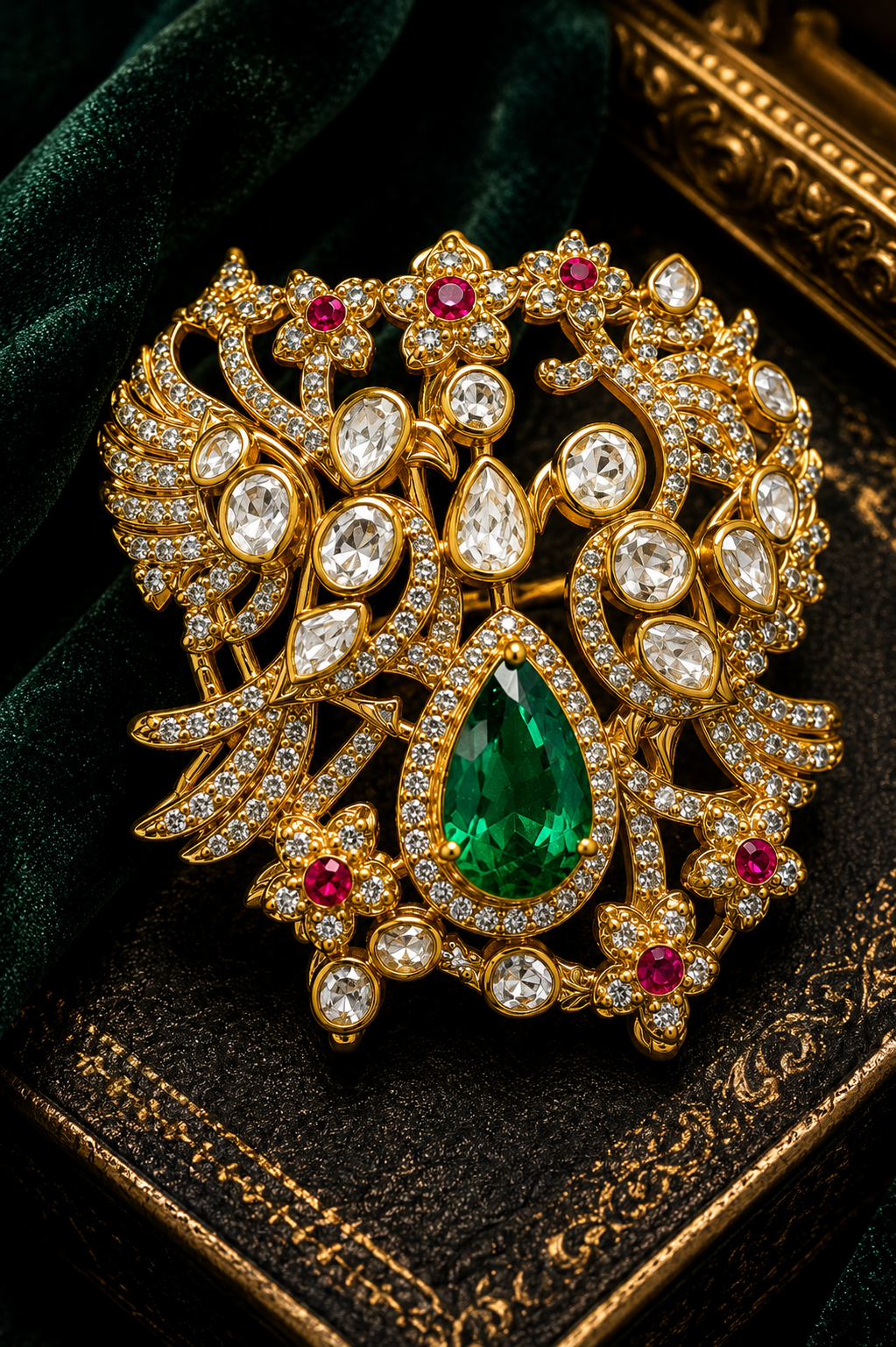 Pear Emerald & Polki Crystal Peacock Garden Brooch with Ruby Florals — Mughal Heritage Pin in Gold