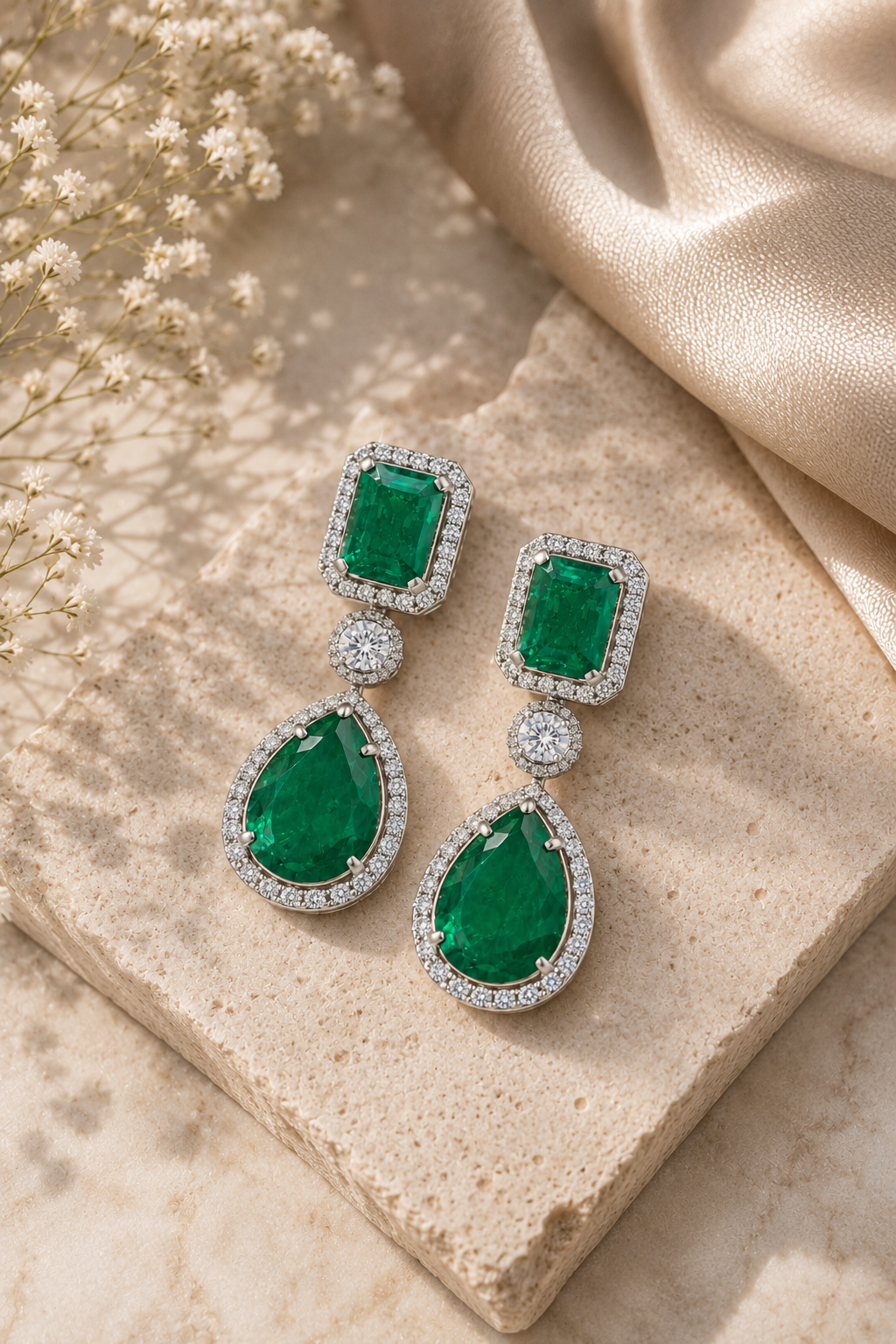 Emerald Teardrop Diamond Halo Earrings