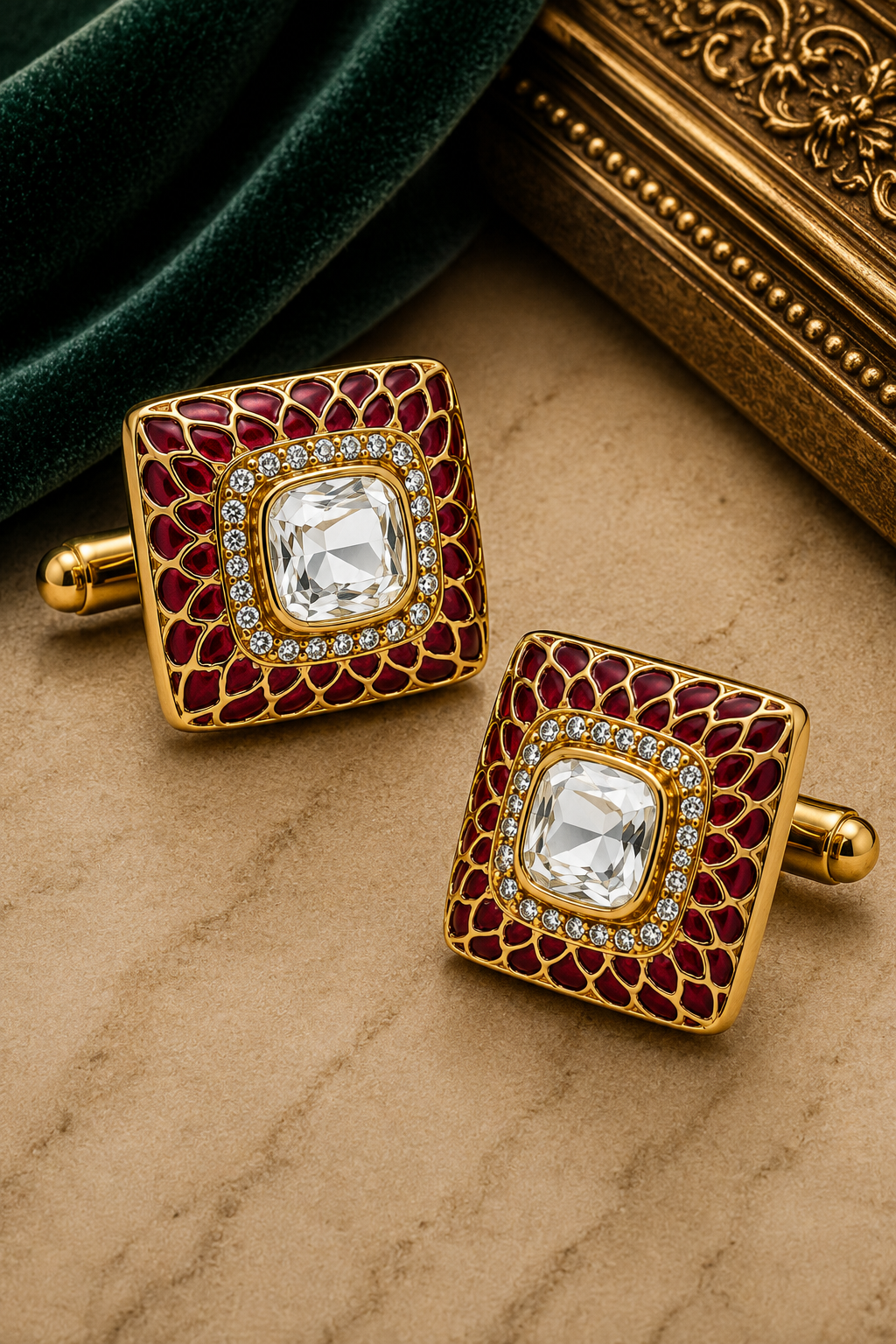 Ornate Red Enamel Cufflinks – Gold Finish Square Jewelry for Weddings and Groomsmen