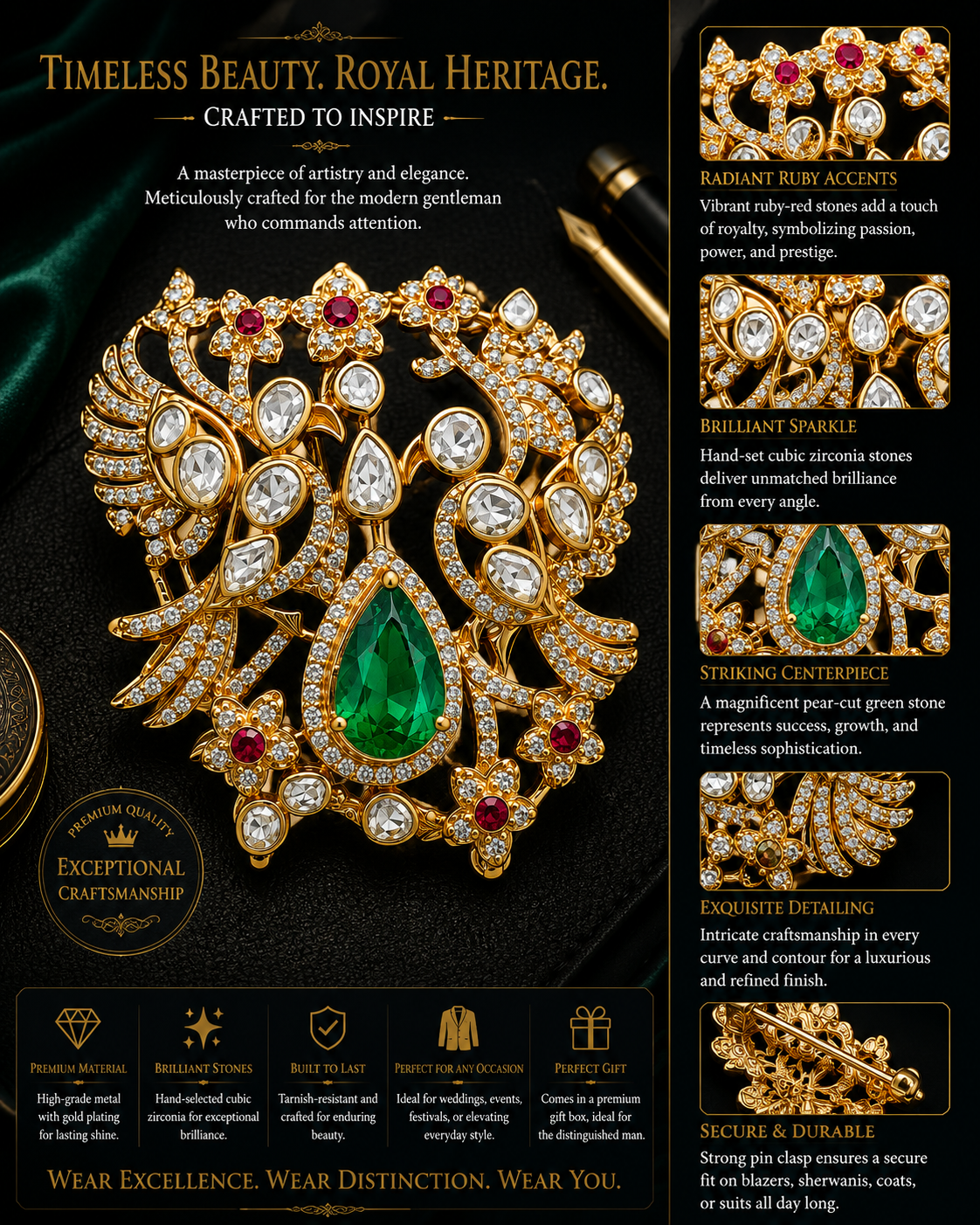 Pear Emerald & Polki Crystal Peacock Garden Brooch with Ruby Florals — Mughal Heritage Pin in Gold