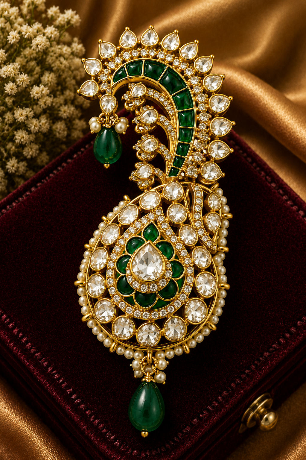 Emerald Pearl Paisley Kundan Kalgi Brooch