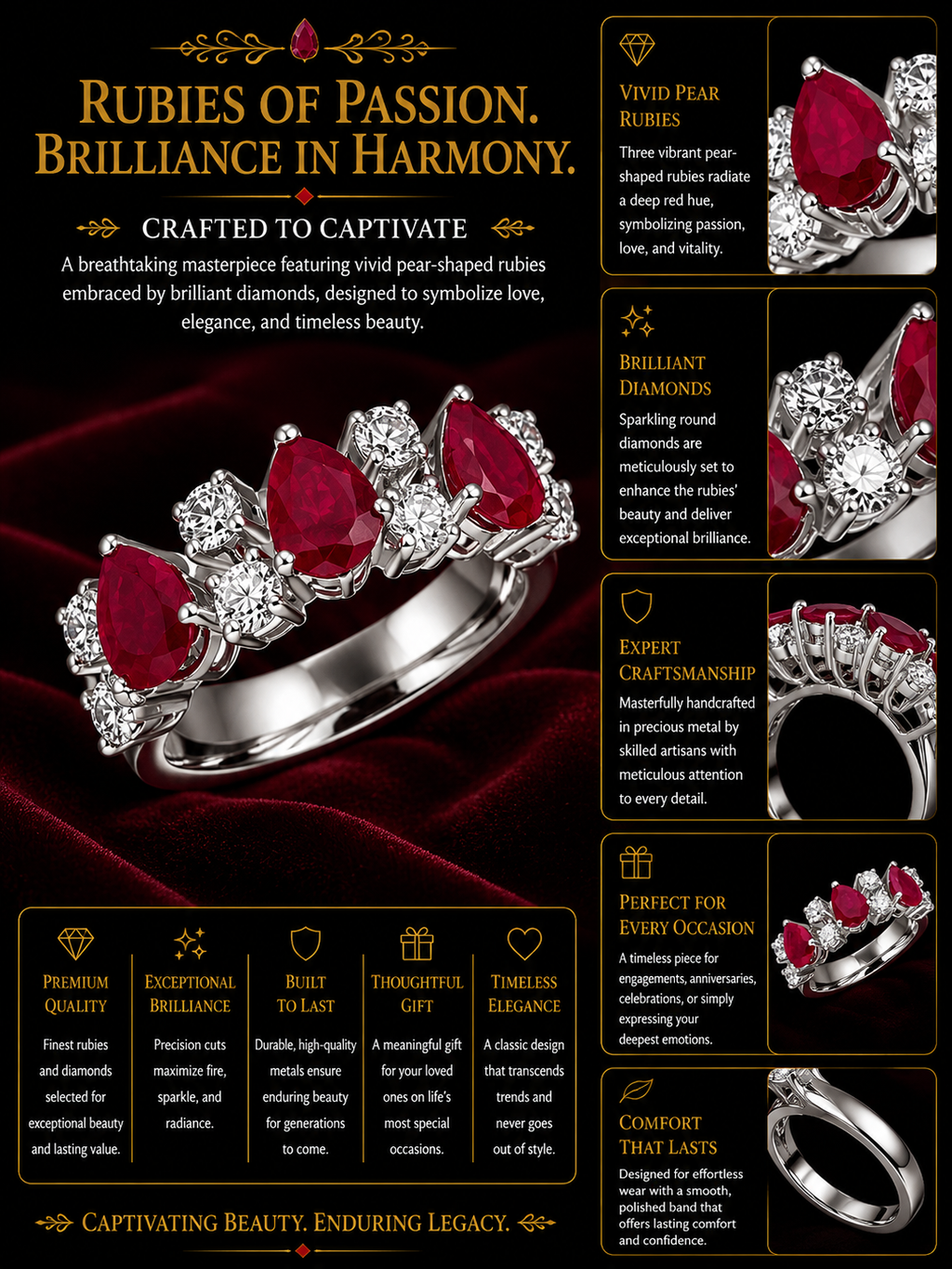 Triple Pear Ruby Diamond Band Ring
