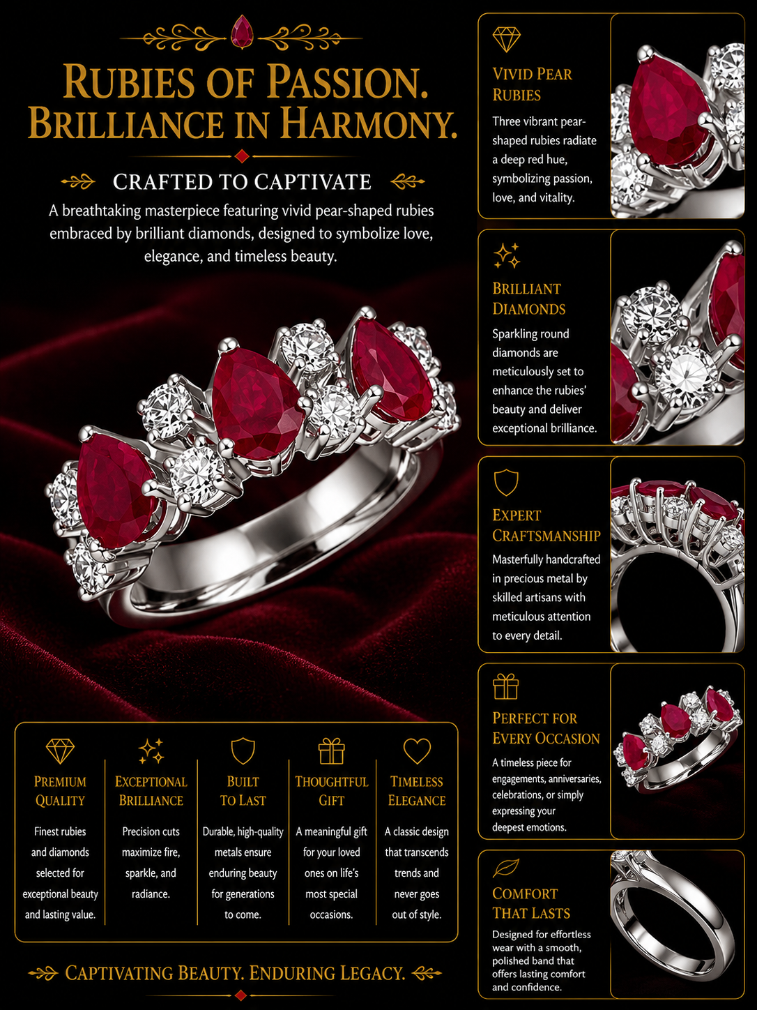 Triple Pear Ruby Diamond Band Ring