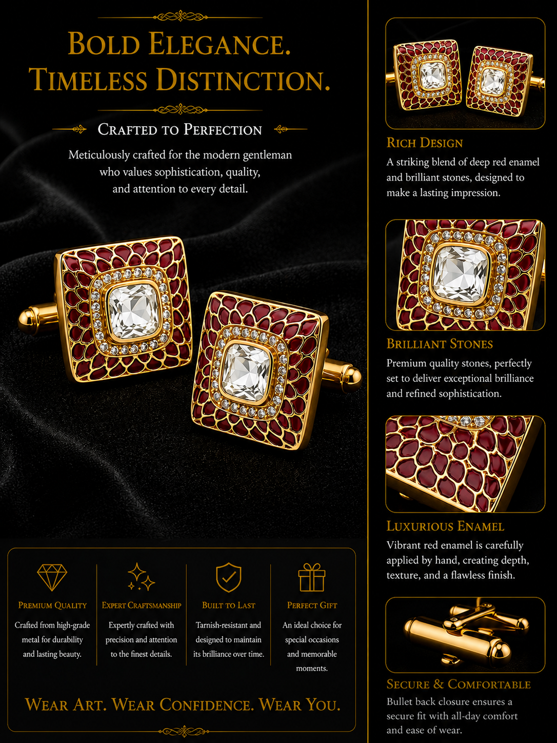 Ornate Red Enamel Cufflinks – Gold Finish Square Jewelry for Weddings and Groomsmen