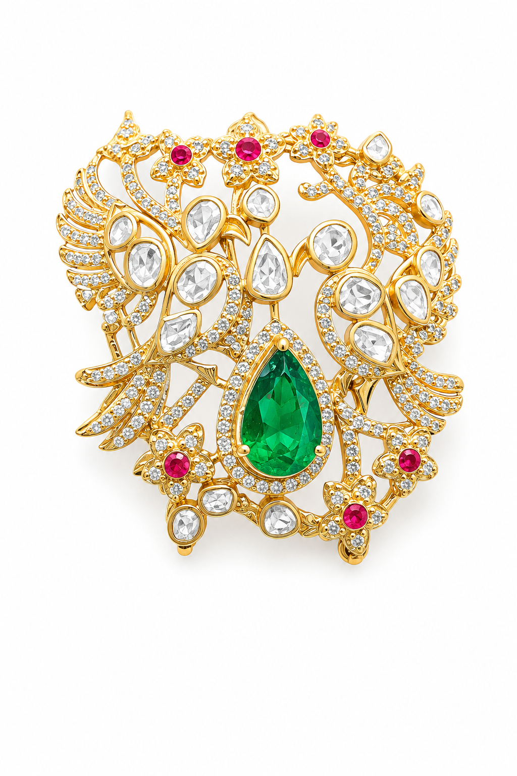 Pear Emerald & Polki Crystal Peacock Garden Brooch with Ruby Florals — Mughal Heritage Pin in Gold