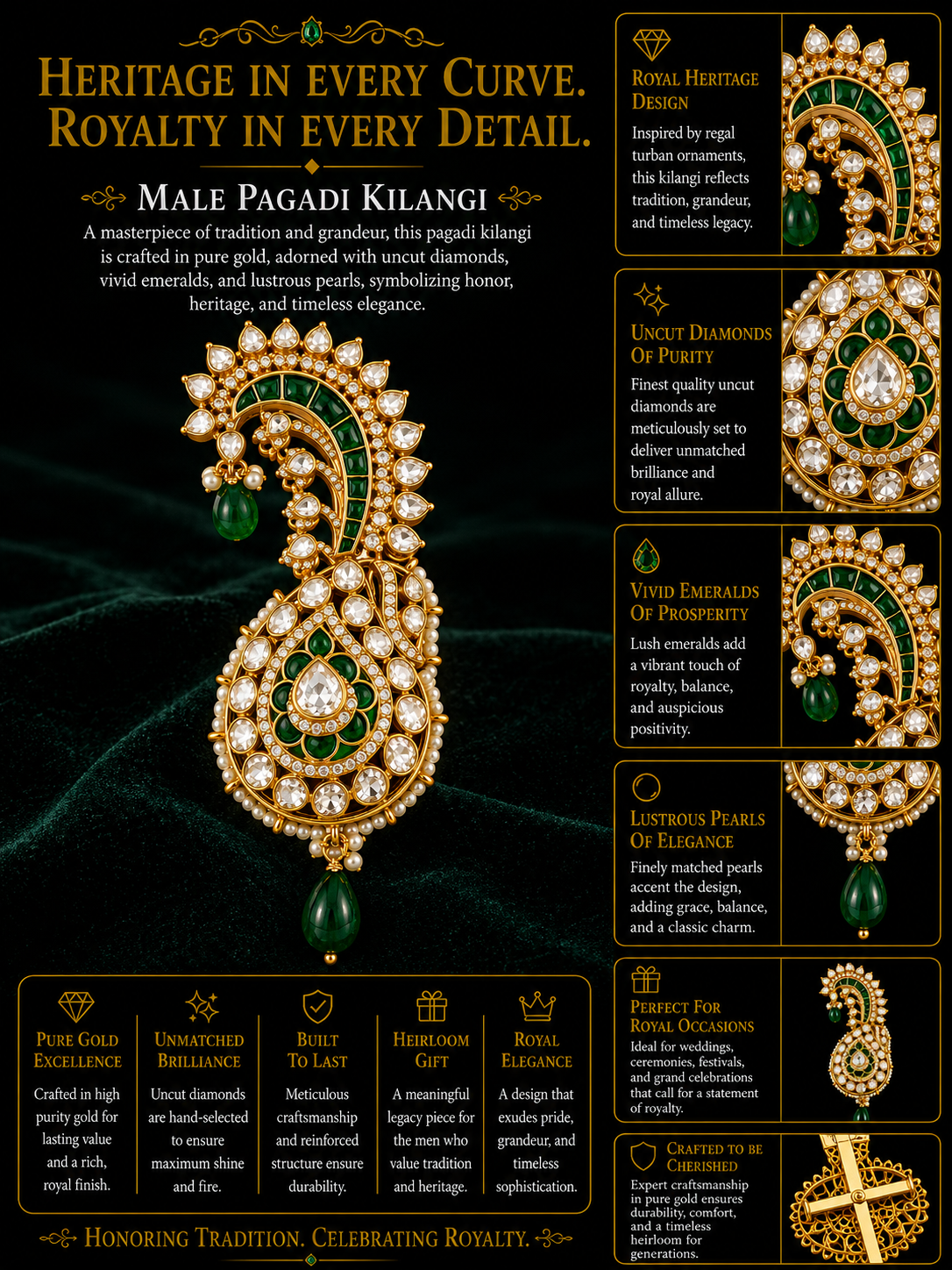 Emerald Pearl Paisley Kundan Kalgi Brooch