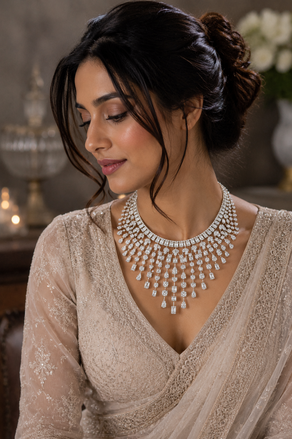 Diamond Waterfall Fringe Necklace Set