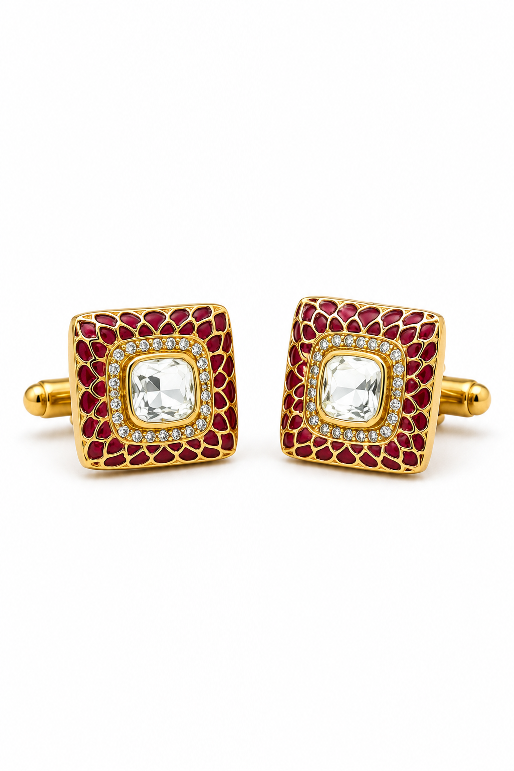 Ornate Red Enamel Cufflinks – Gold Finish Square Jewelry for Weddings and Groomsmen