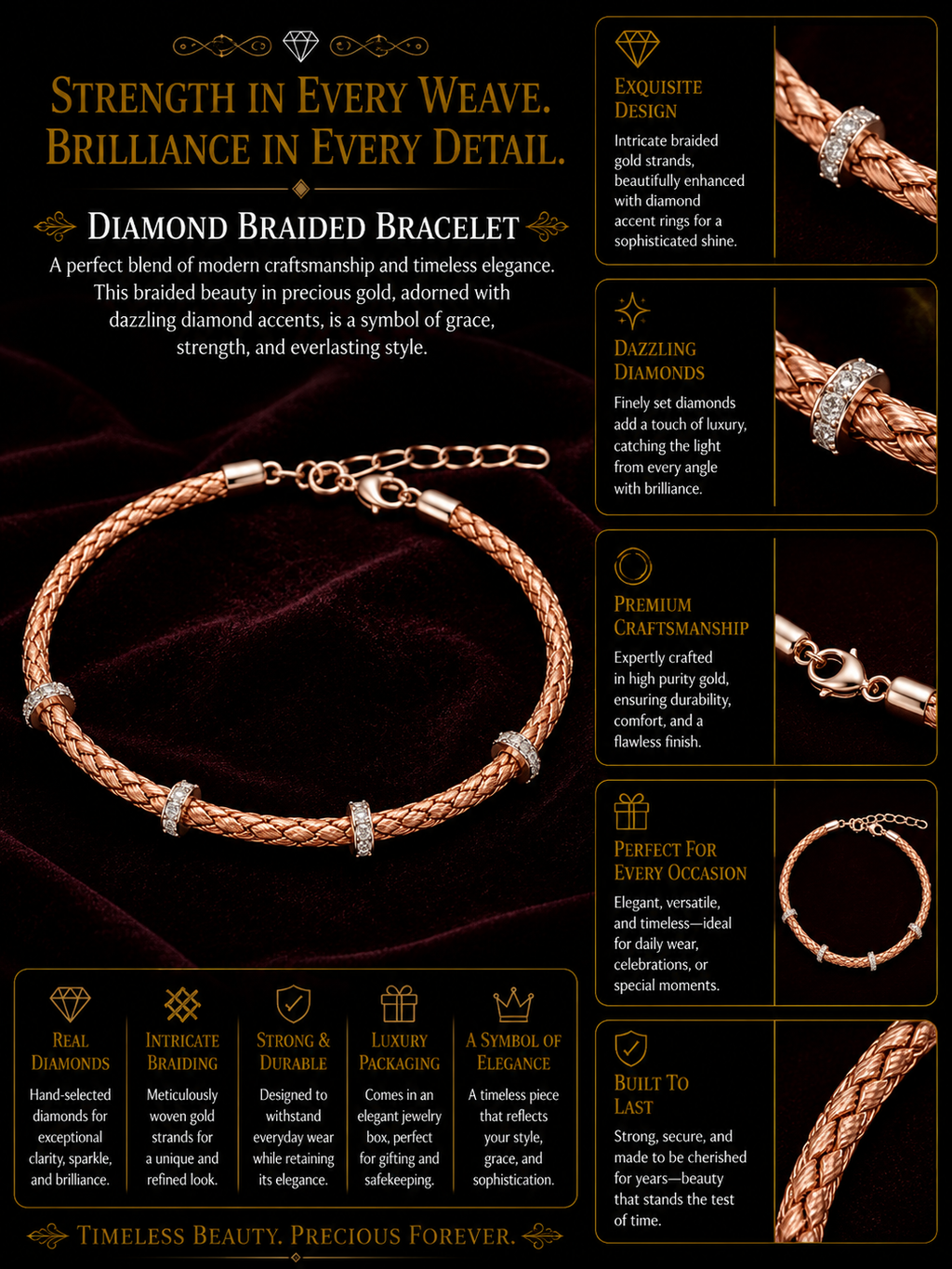 Rose Gold Braided Charm Bracelet