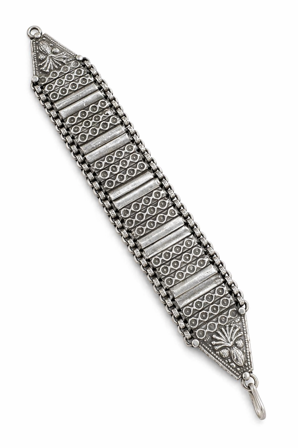 Oxidized Silver Geometric Panel Bracelet with Tribal Motif Ends