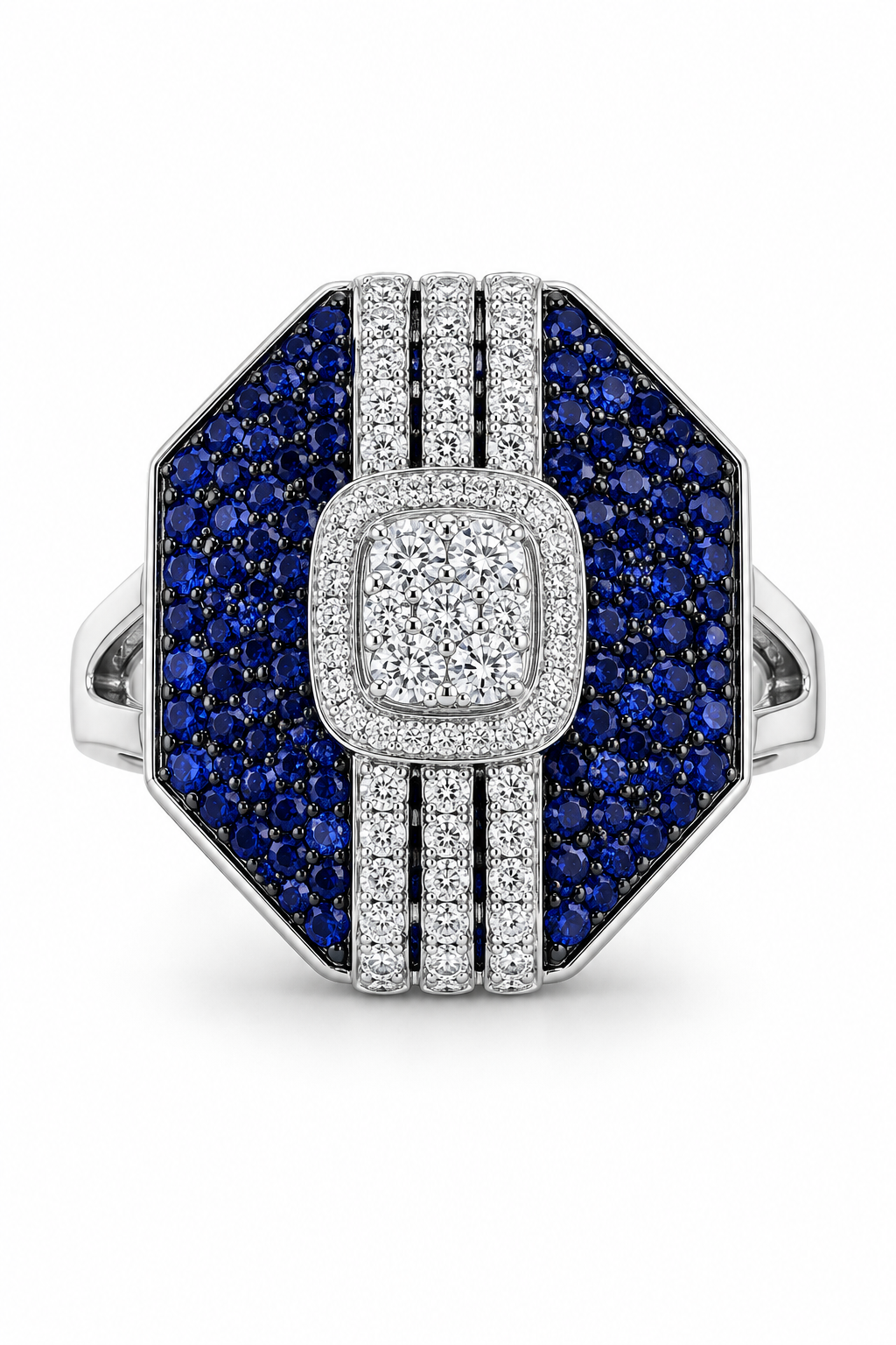 Blue Sapphire Geometric Diamond Statement Ring