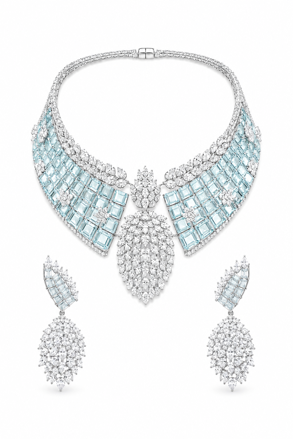Ice Blue Crystal Leaf Collar Necklace Set