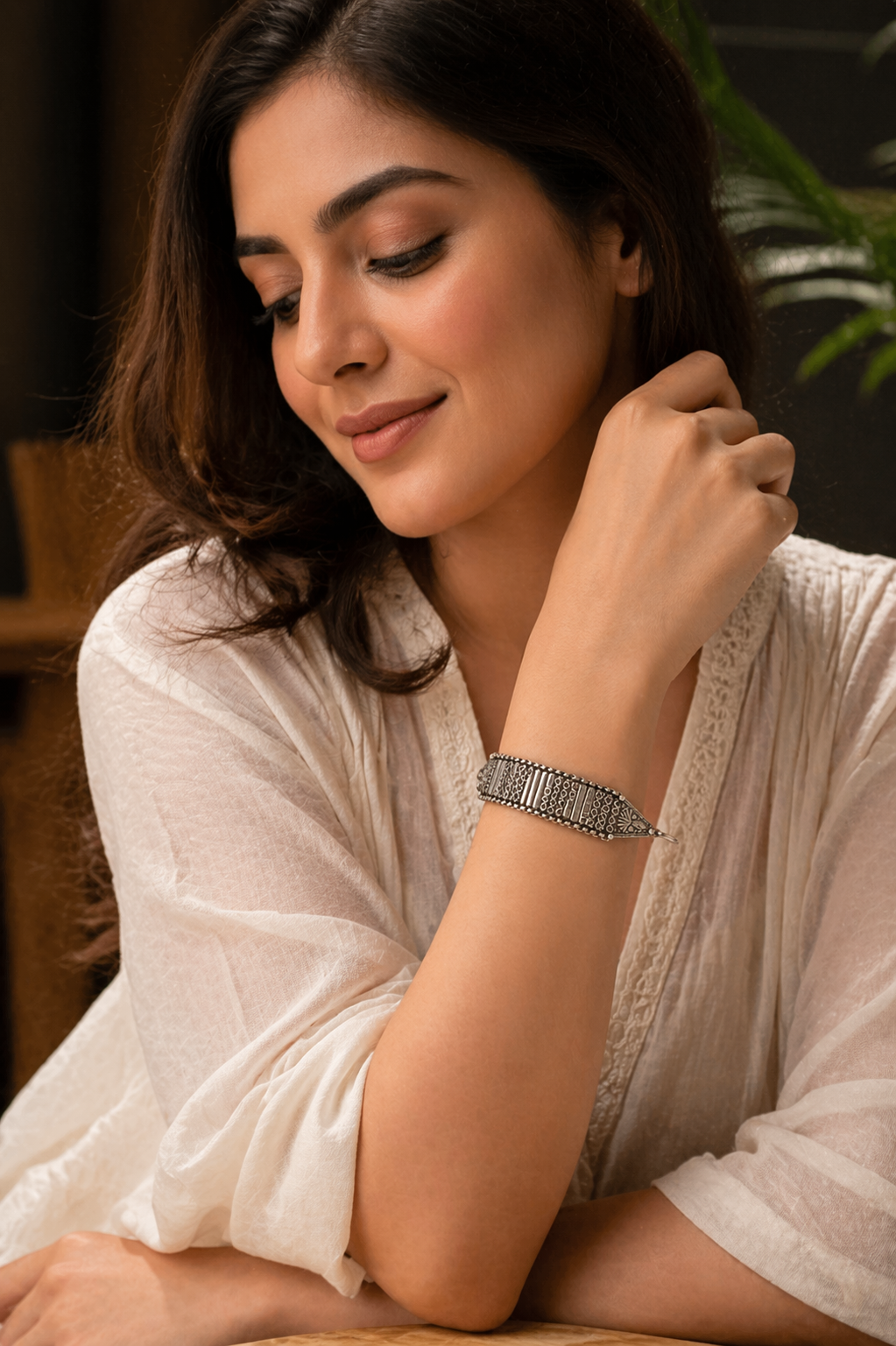 Oxidized Silver Geometric Panel Bracelet with Tribal Motif Ends