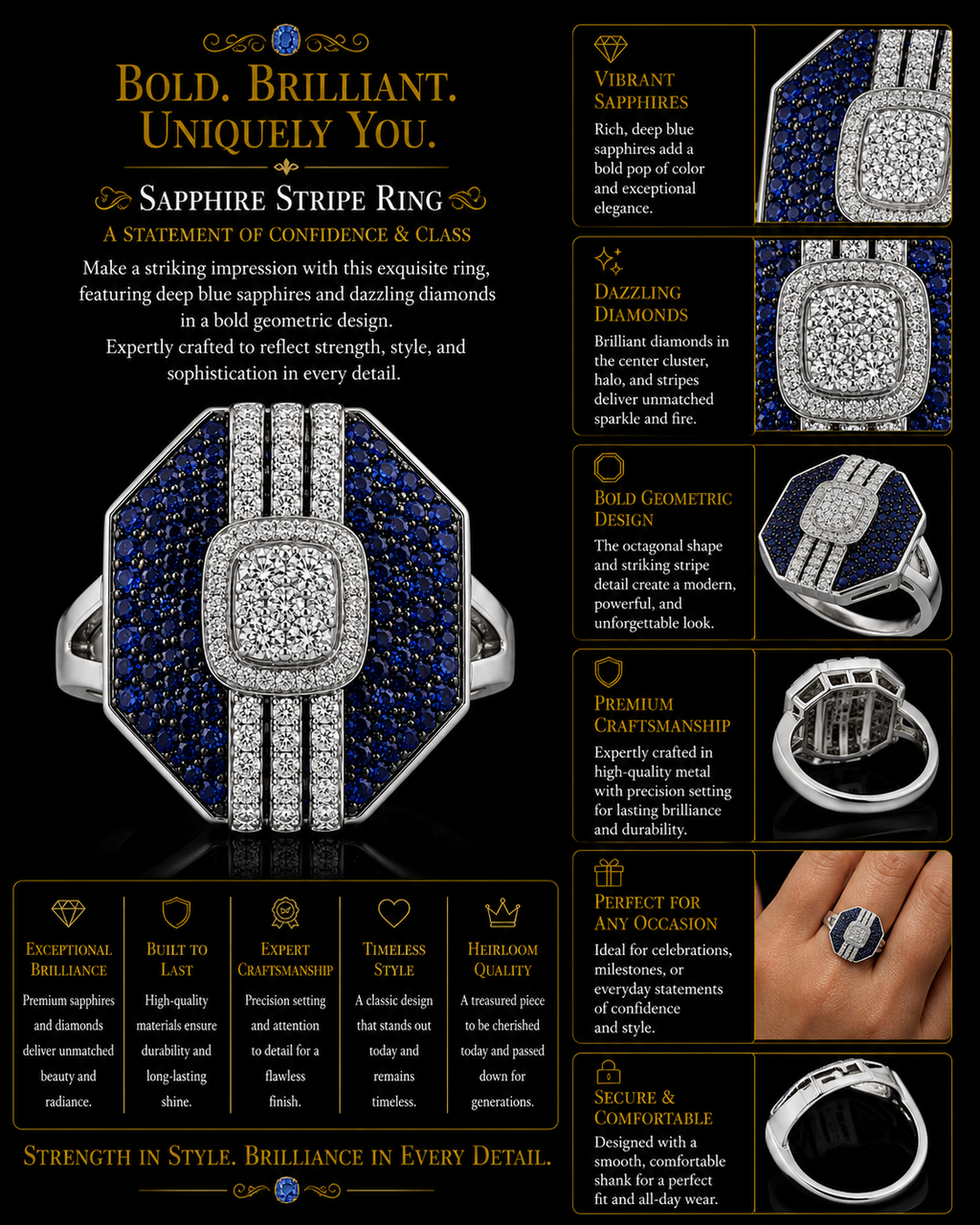 Blue Sapphire Geometric Diamond Statement Ring