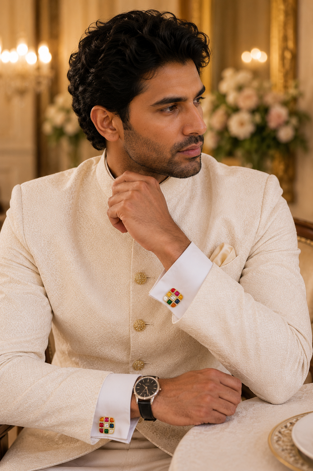 Gold Multi-Color Stone Cufflinks – Luxury Jewelry for Weddings and Festive Wear