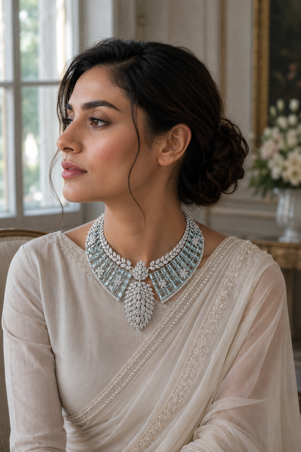 Ice Blue Crystal Leaf Collar Necklace Set