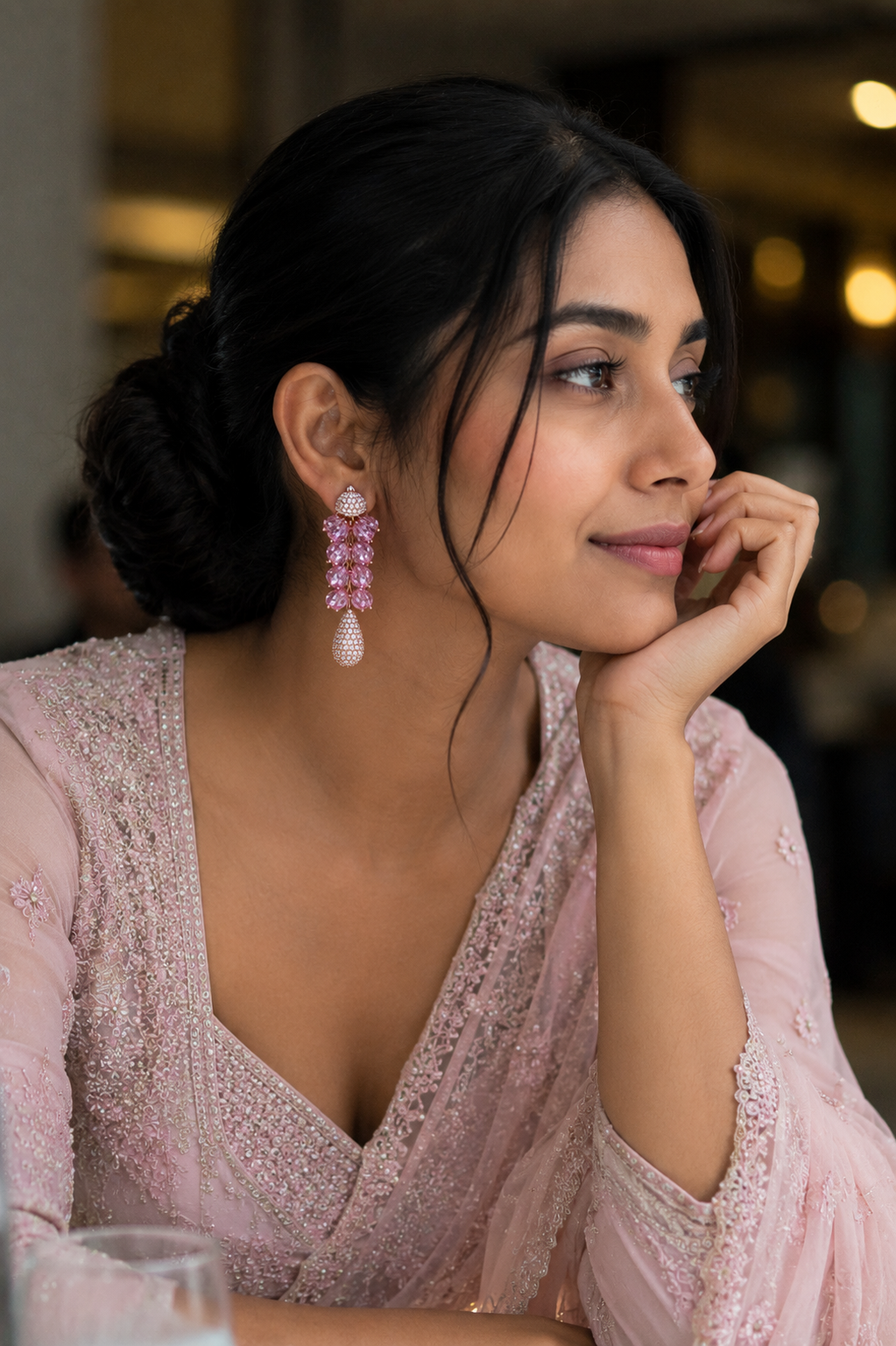 Rose Gold Pink Crystal Drop Earrings for Women