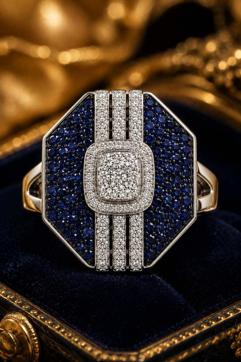Blue Sapphire Geometric Diamond Statement Ring