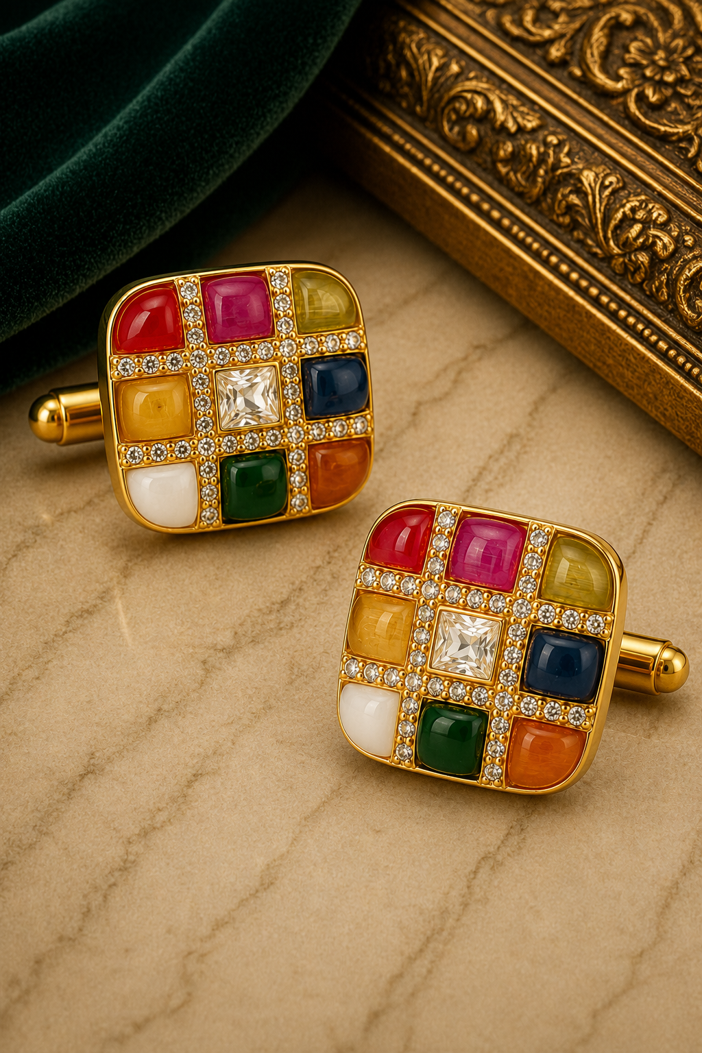 Gold Multi-Color Stone Cufflinks – Luxury Jewelry for Weddings and Festive Wear
