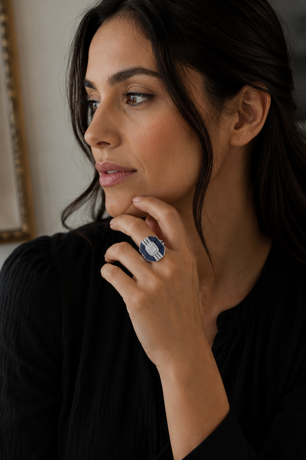 Blue Sapphire Geometric Diamond Statement Ring