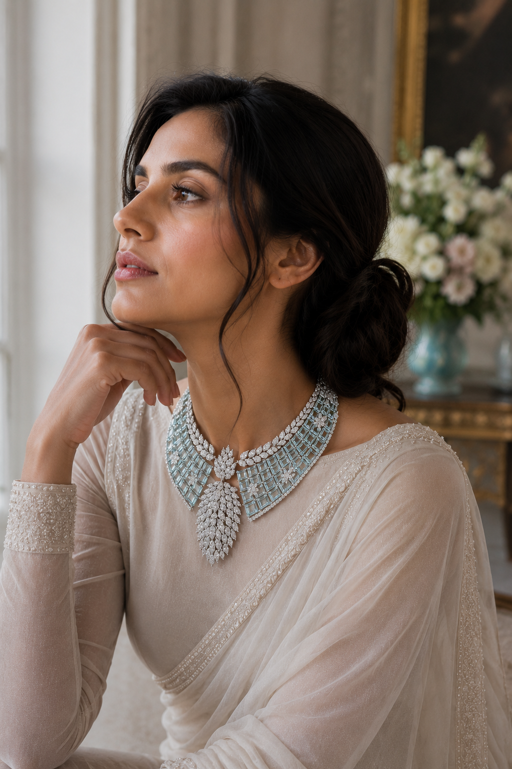 Ice Blue Crystal Leaf Collar Necklace Set