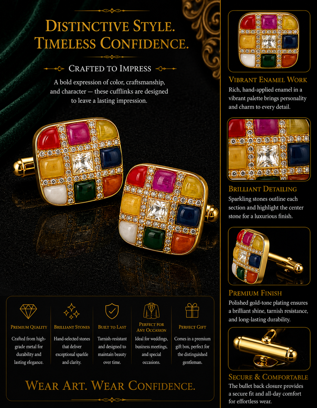 Gold Multi-Color Stone Cufflinks – Luxury Jewelry for Weddings and Festive Wear