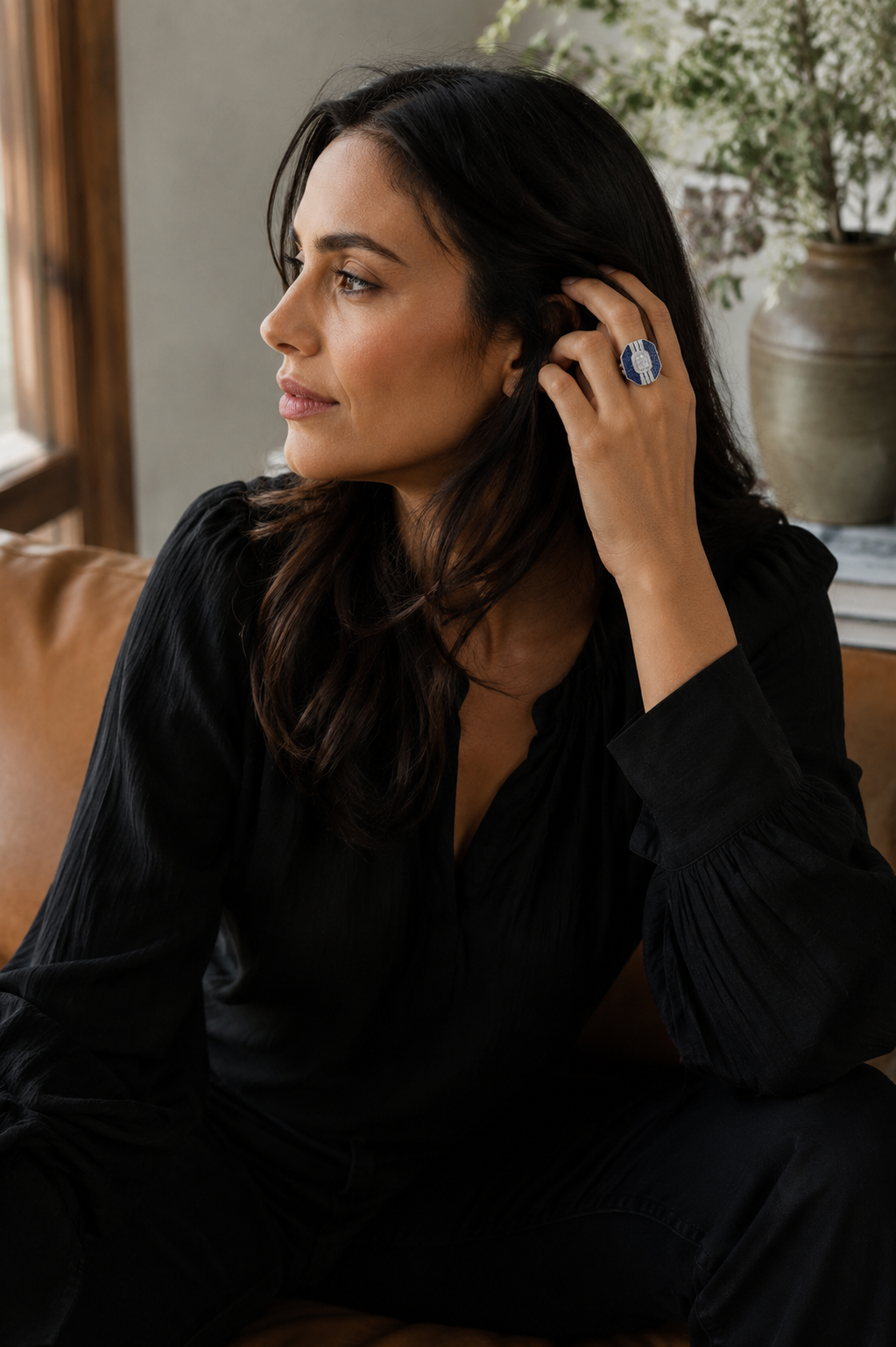 Blue Sapphire Geometric Diamond Statement Ring
