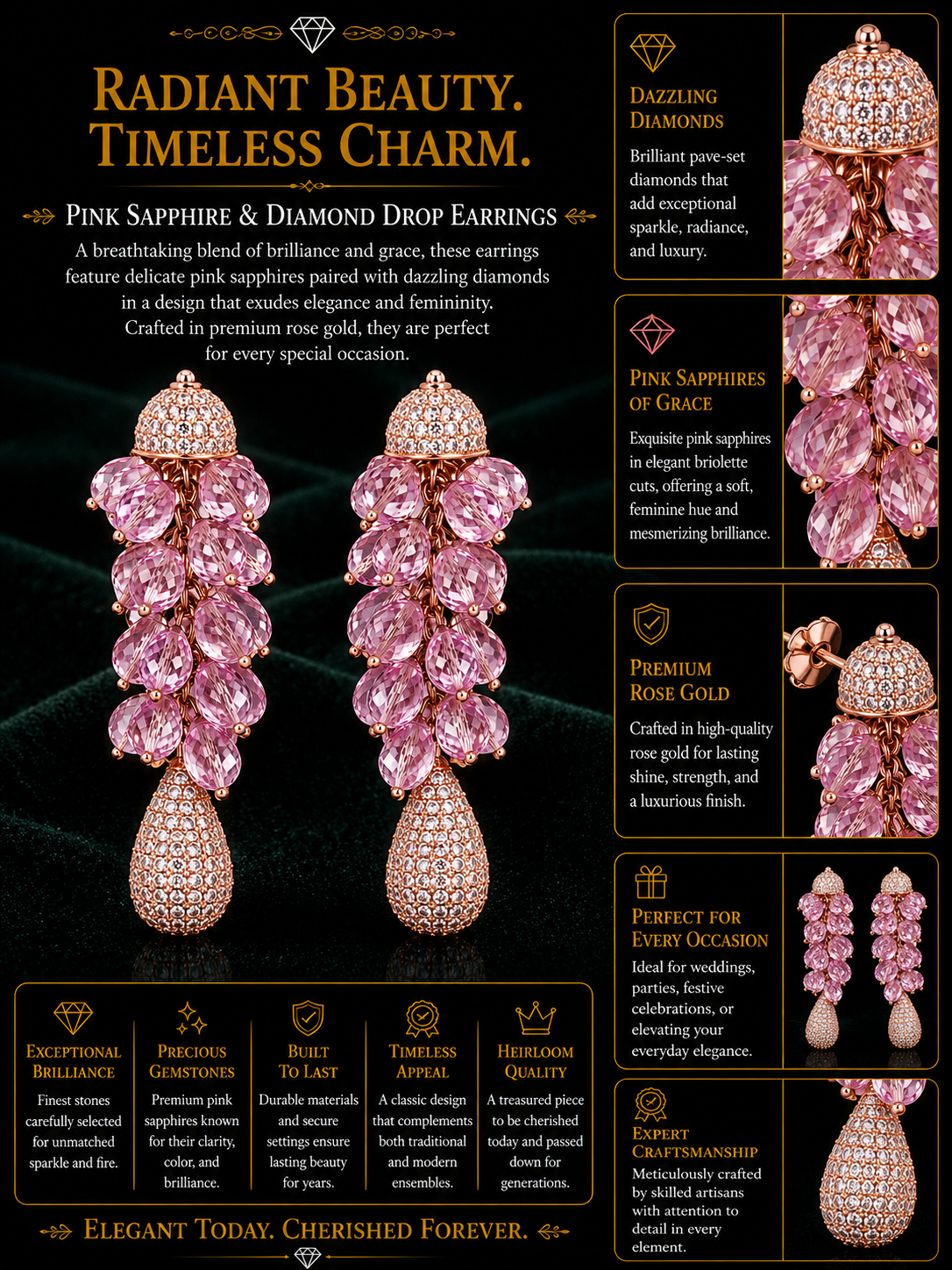 Rose Gold Pink Crystal Drop Earrings for Women