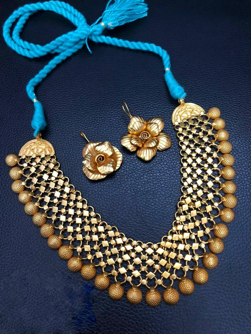 Traditional Gold Tone Necklace Set with Blue Dori & Floral Statement Earrings