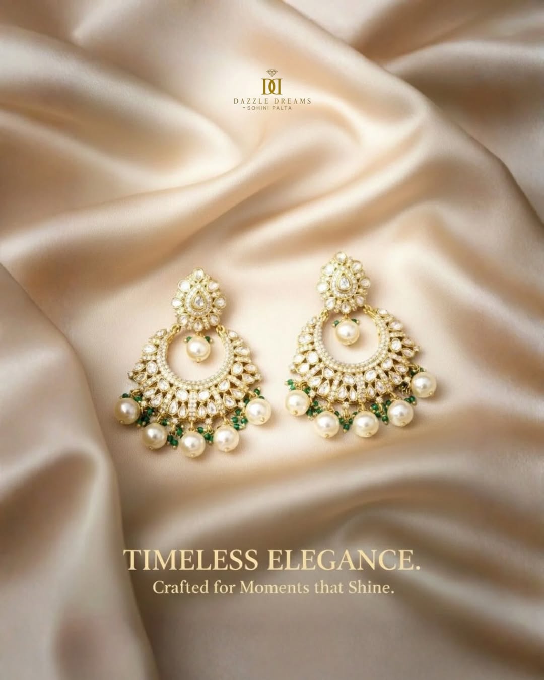 Traditional Kundan Chandbali Earrings with Pearl Drops & Green Beads – Bridal Statement Jewelry