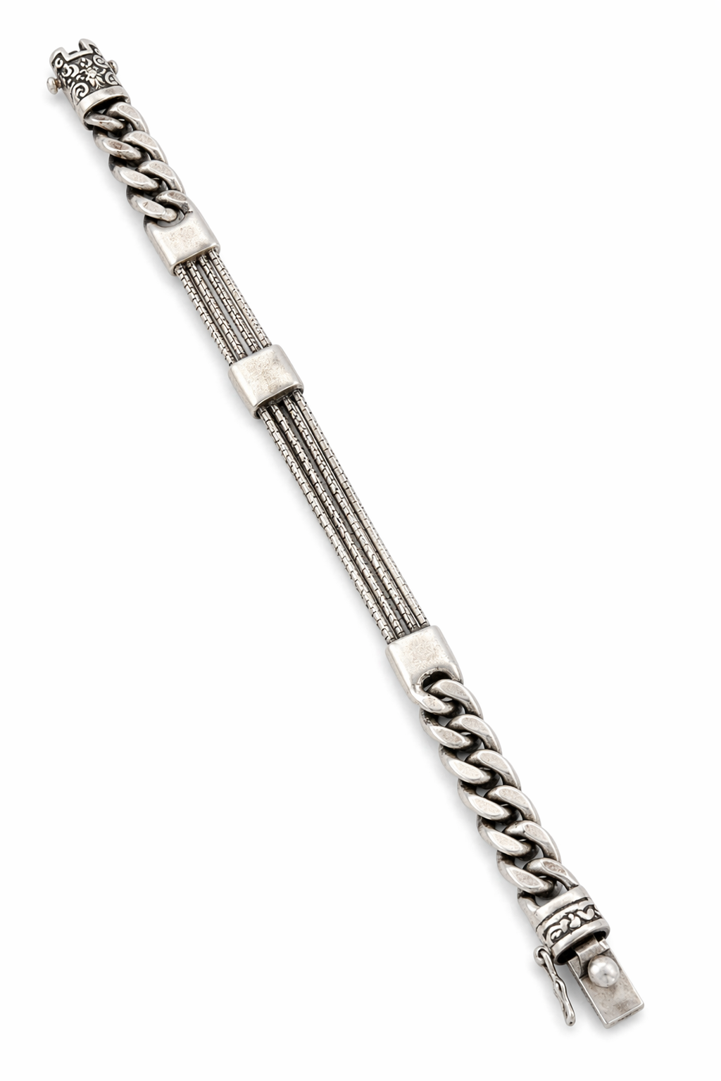 Dual-Texture Chain Silver Bracelet with Statement Clasp
