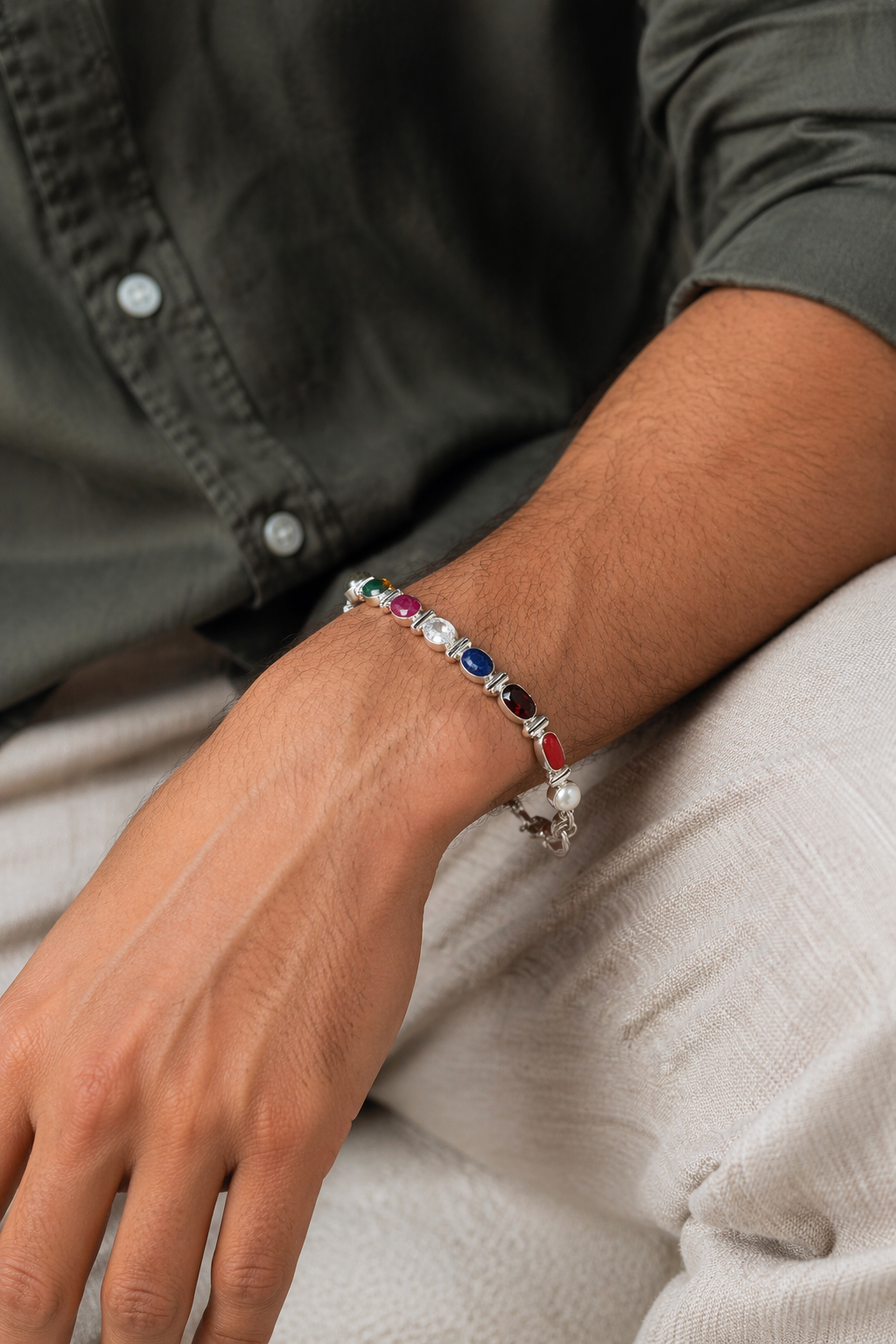 Multi-Stone Silver Bracelet with Vibrant Gem Accents
