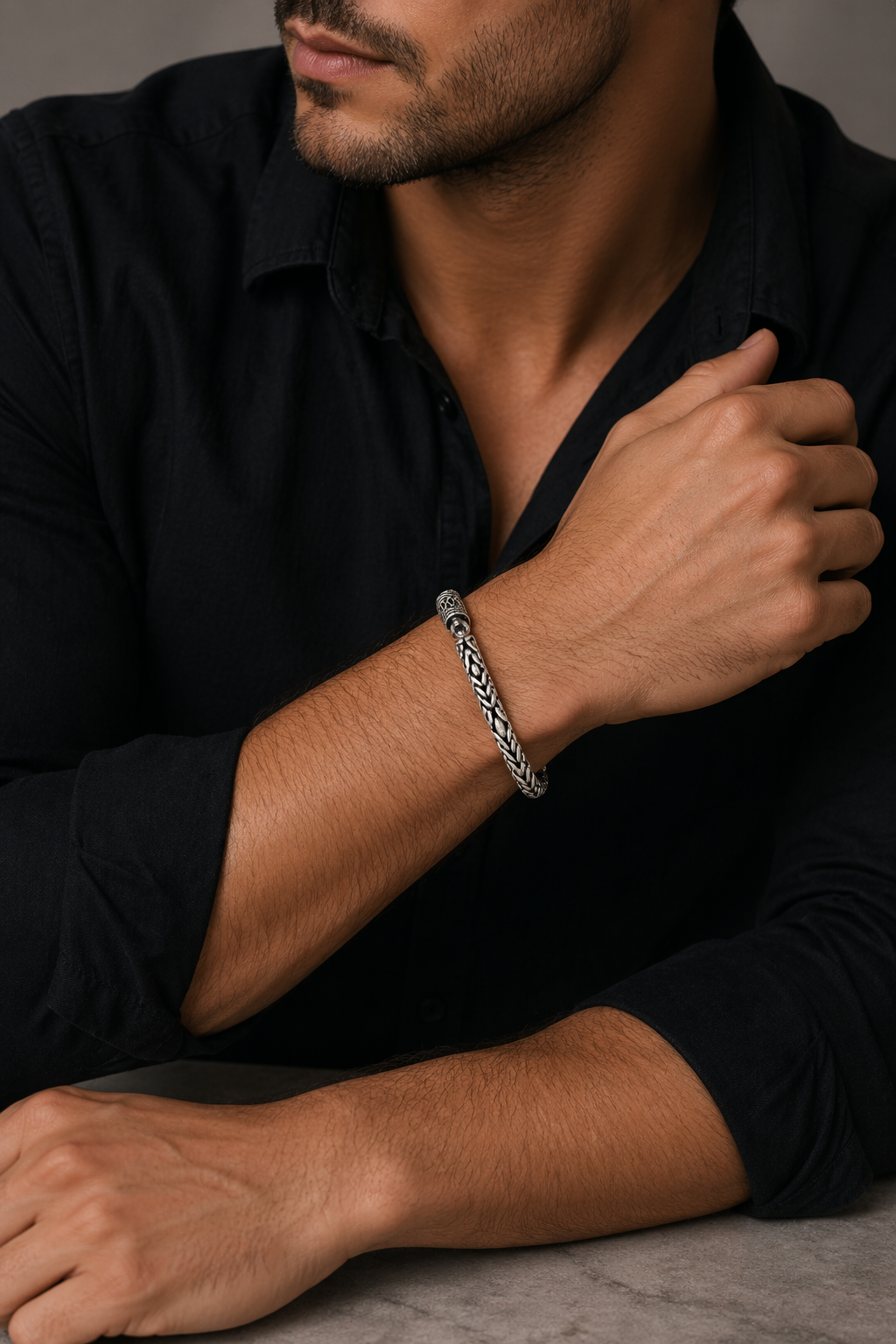 Antique Finish Braided Silver Bracelet with Engraved Lock Detail