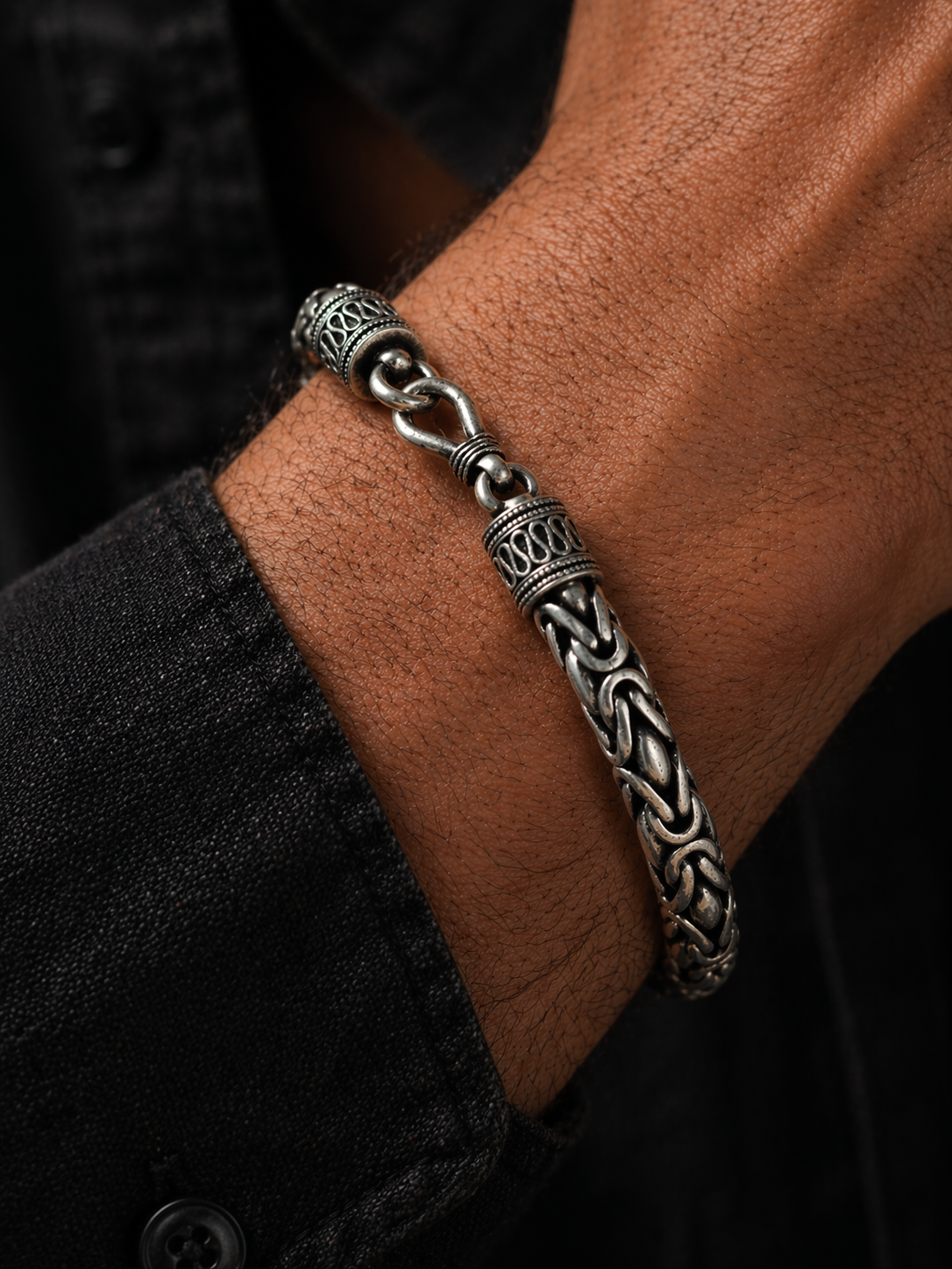 Antique Finish Braided Silver Bracelet with Engraved Lock Detail