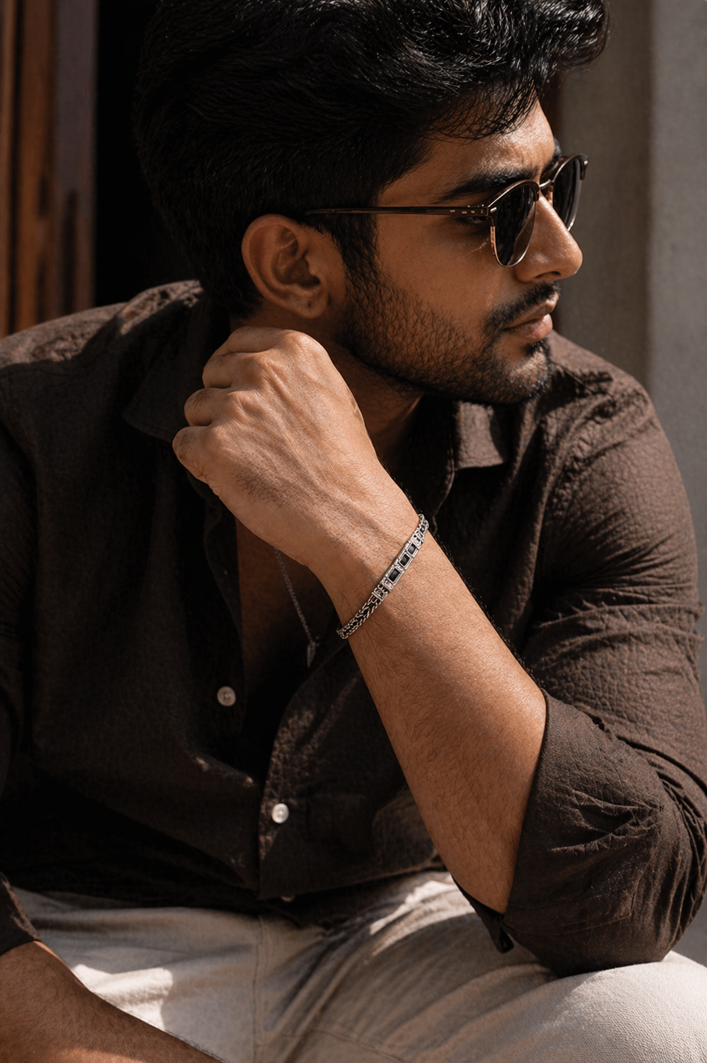 Sterling Silver Black Stone Link Bracelet for Men